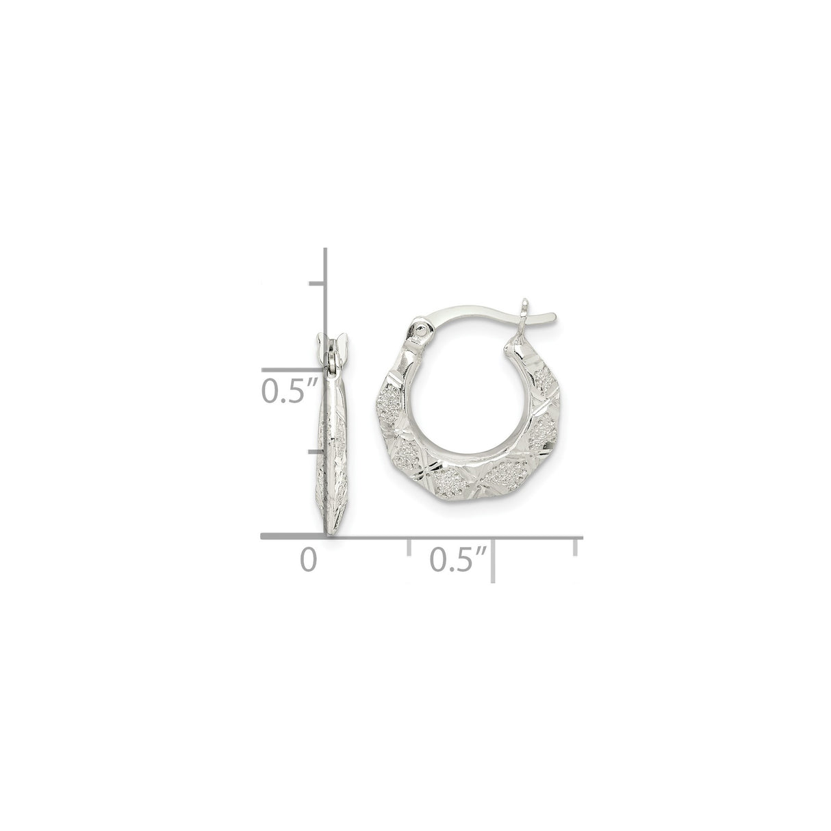 Sterling Silver Hoop Earrings with Faceted Texture and Glitter Accents, Octagonal Hinged Design