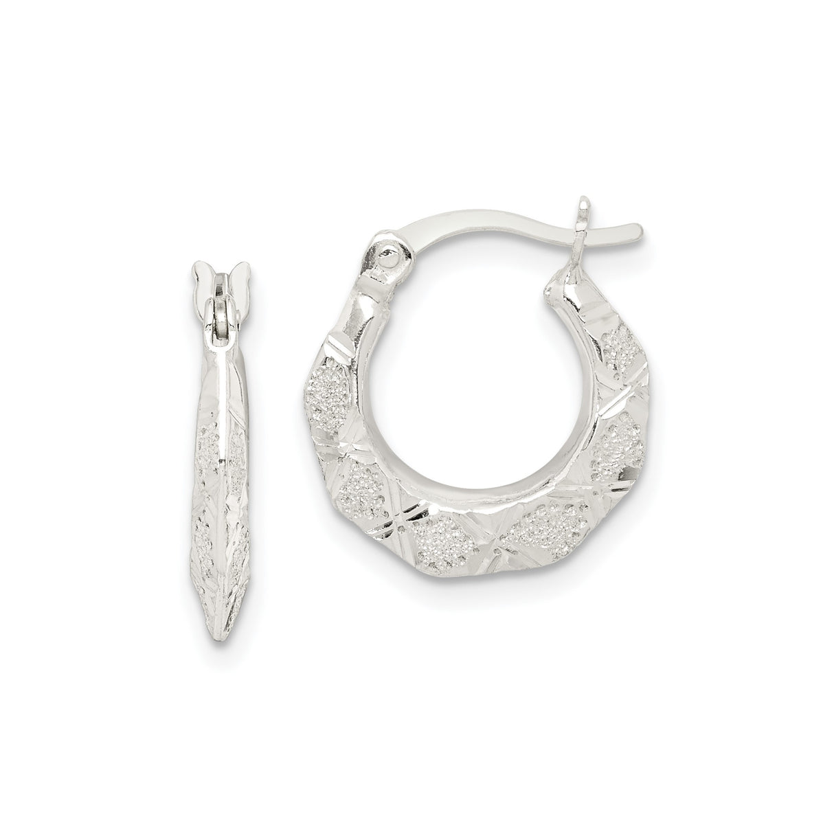 Sterling Silver Hoop Earrings with Faceted Texture and Glitter Accents, Octagonal Hinged Design