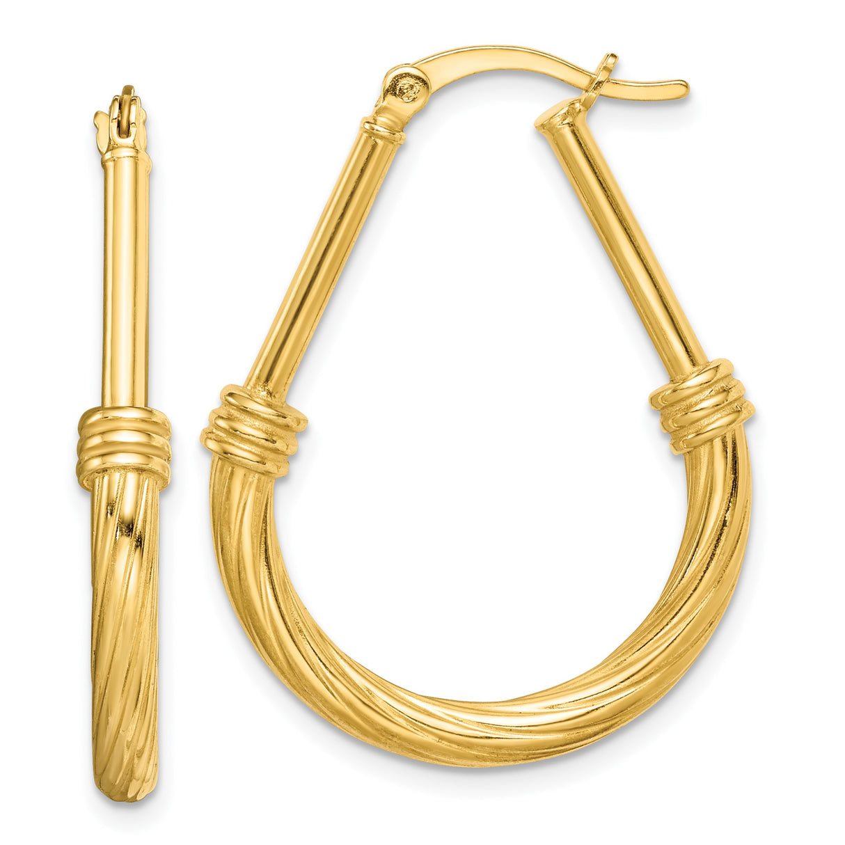 Sterling Silver Twisted Hoop Earrings, Teardrop Shape with Rope Texture and Hinged Closure