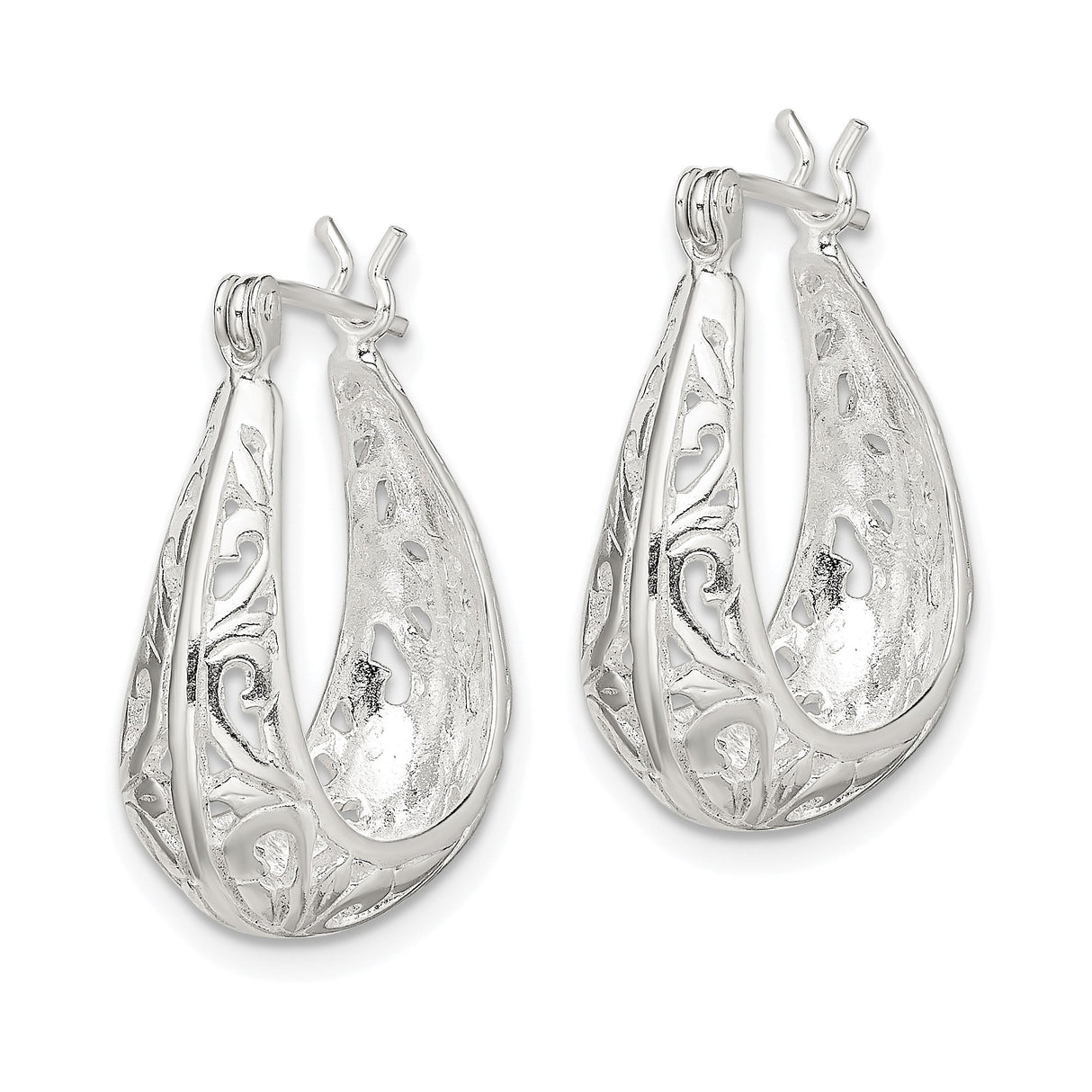 Sterling Silver Teardrop Filigree Hoop Earrings with Ornate Scroll and Vine Design