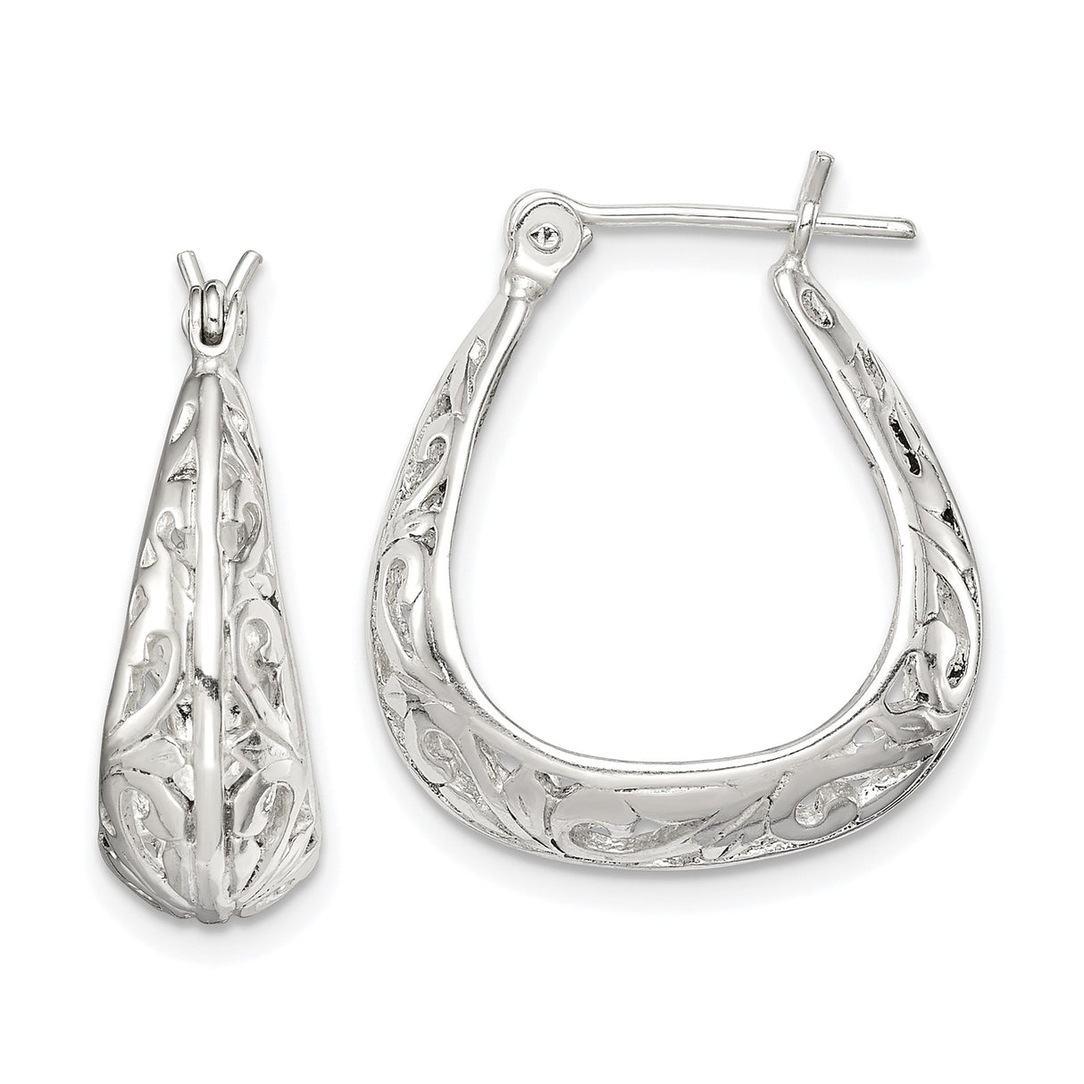 Sterling Silver Teardrop Filigree Hoop Earrings with Ornate Scroll and Vine Design