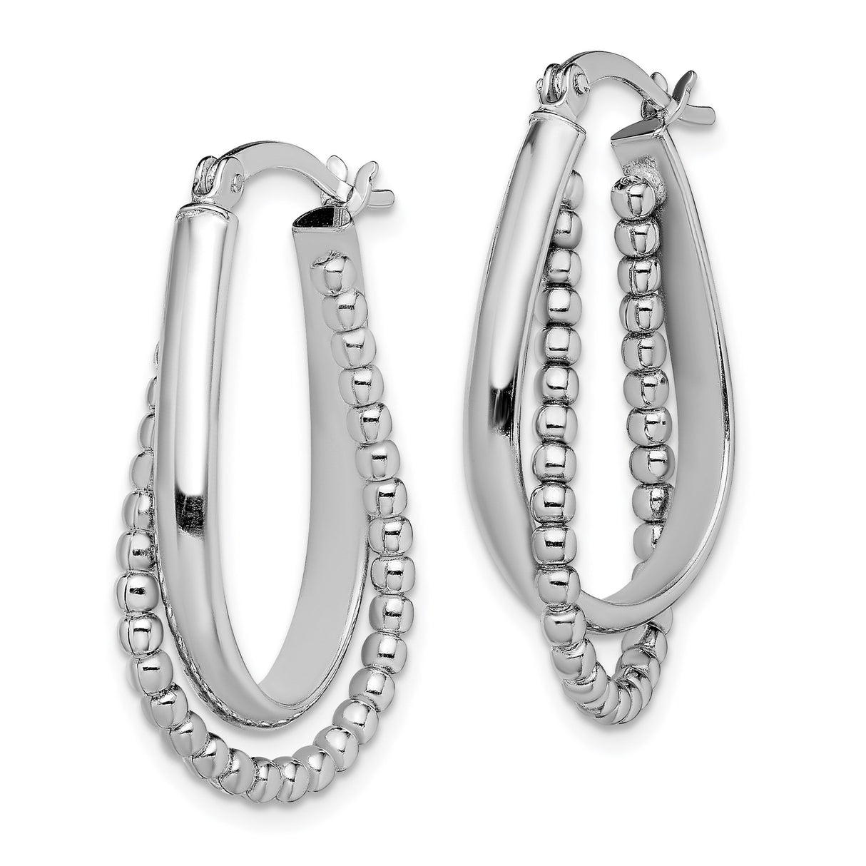 Sterling Silver Teardrop Hoop Earrings with Double Row Polished Beads, Modern Minimalist Style