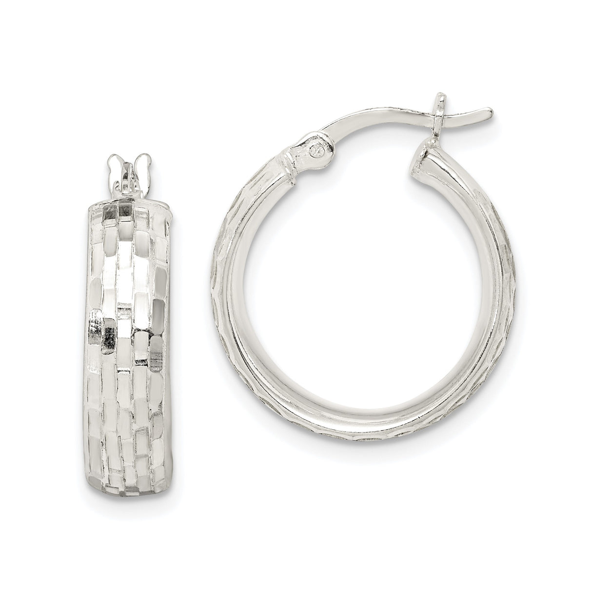 Sterling Silver Hoop Earrings with Textured Basketweave Pattern, Medium Lightweight Design
