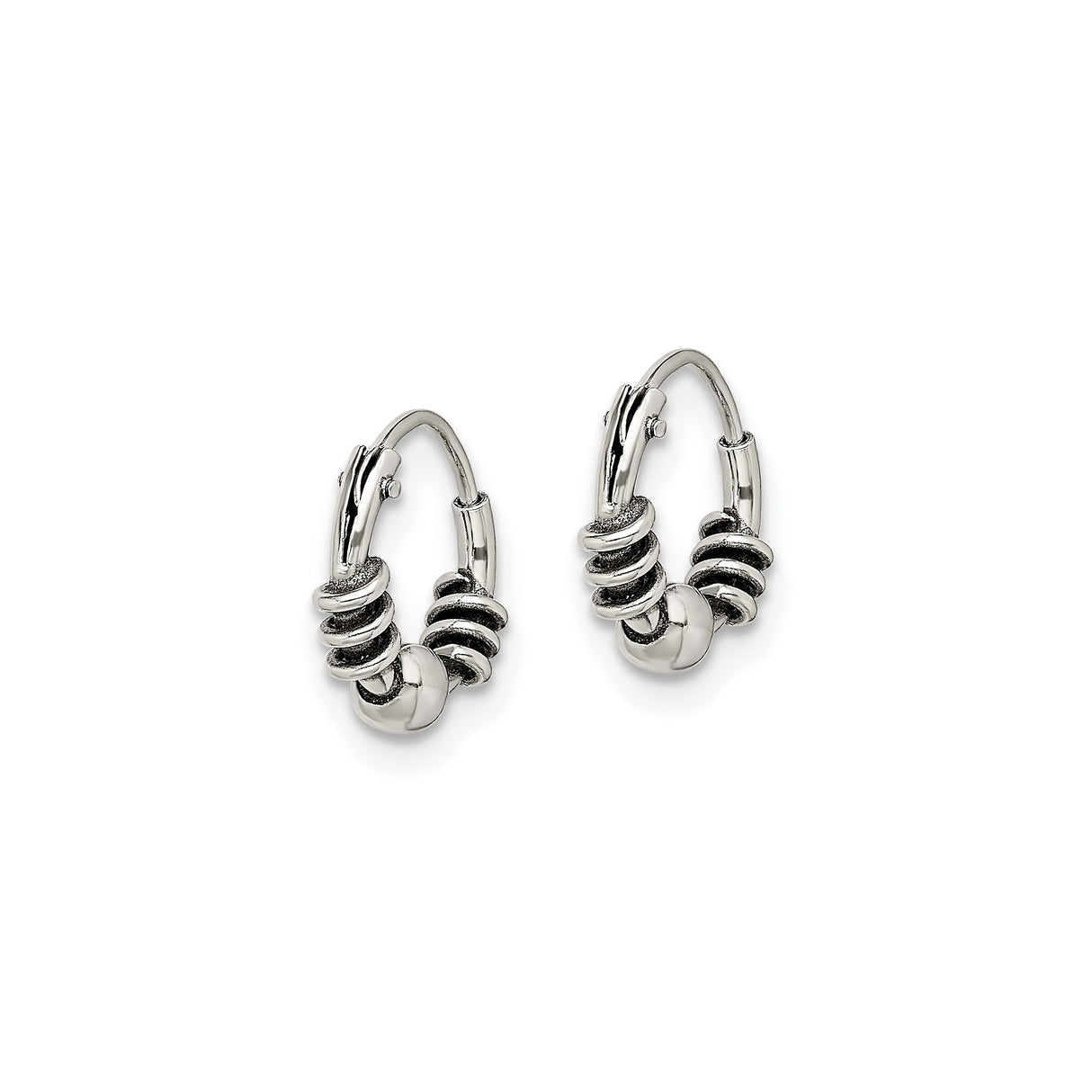 Sterling Silver Hoop Earrings with Oxidized Coil and Bead Accents, Balinese Boho Style