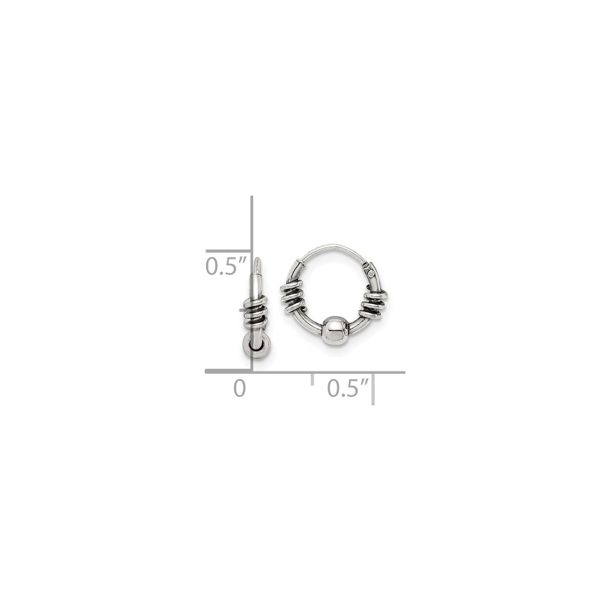 Sterling Silver Hoop Earrings with Oxidized Coil and Bead Accents, Balinese Boho Style