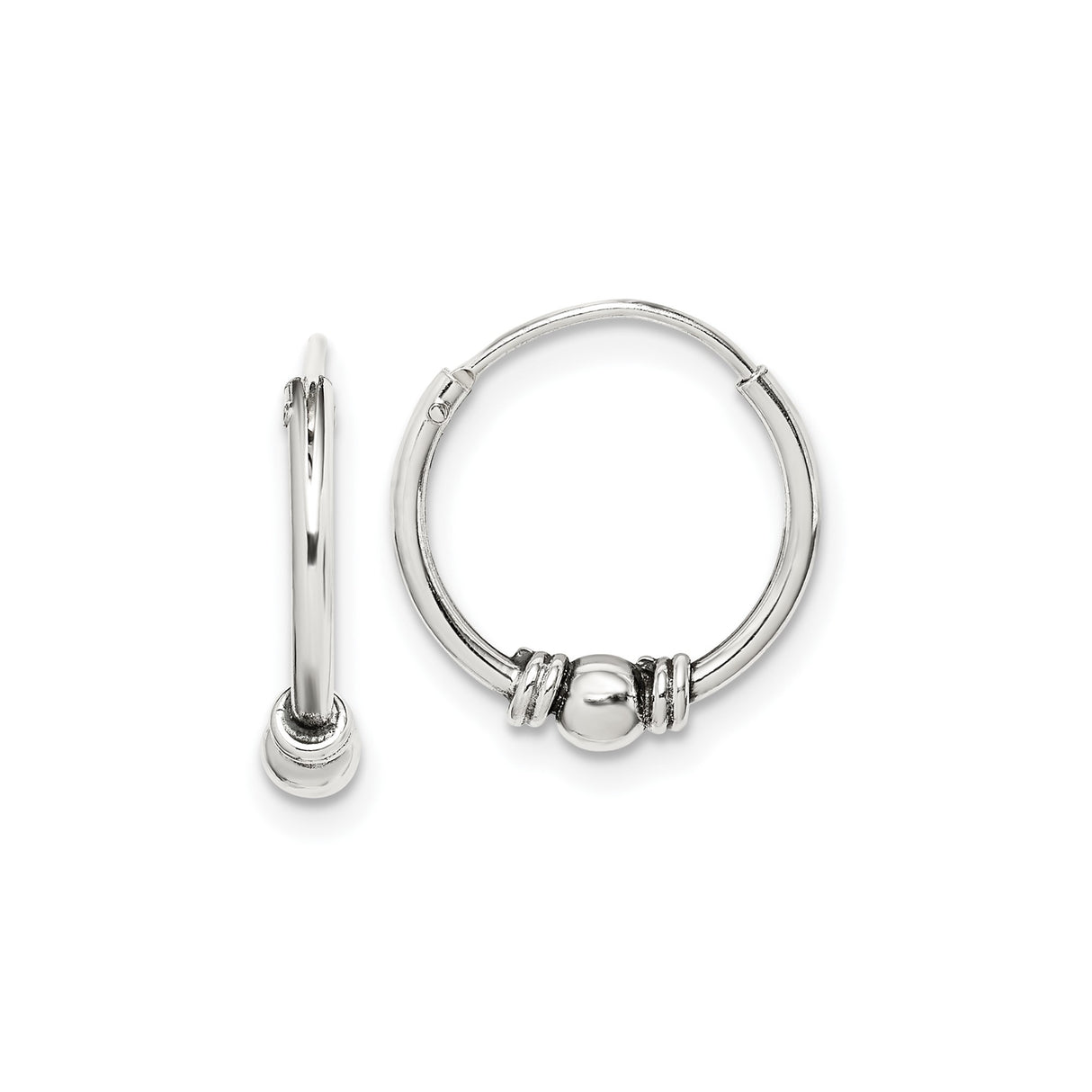 Sterling Silver Hoop Earrings with Polished Bead and Wrapped Wire, Boho Tribal Style