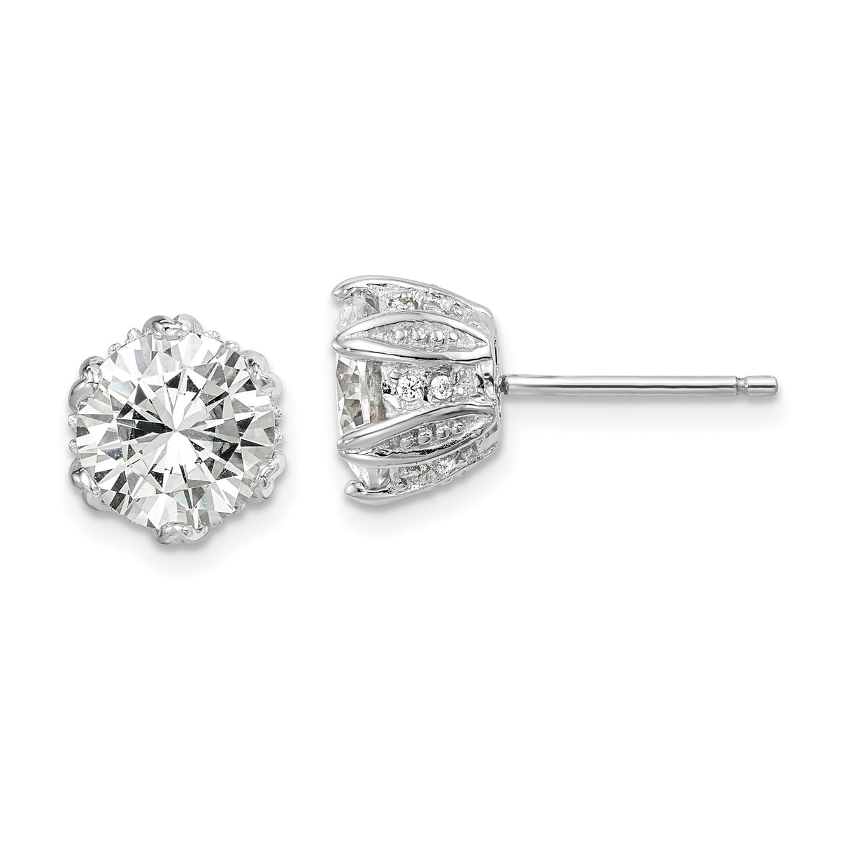 Sterling Silver Stud Earrings with Large Round Cubic Zirconia and Filigree Detailing