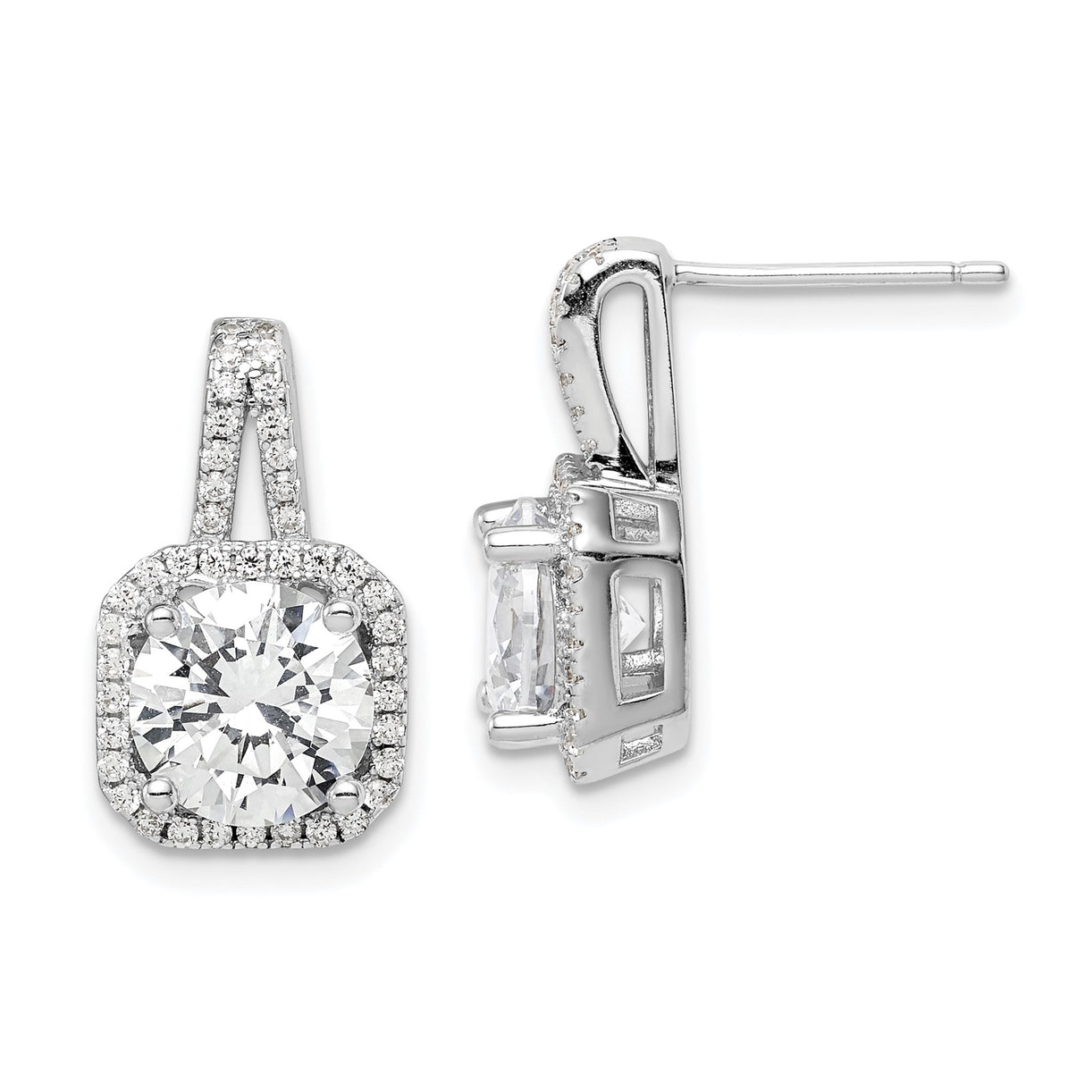 Sterling Silver Dangle Earrings with Round Cut Cubic Zirconia and Pavé Halo Setting