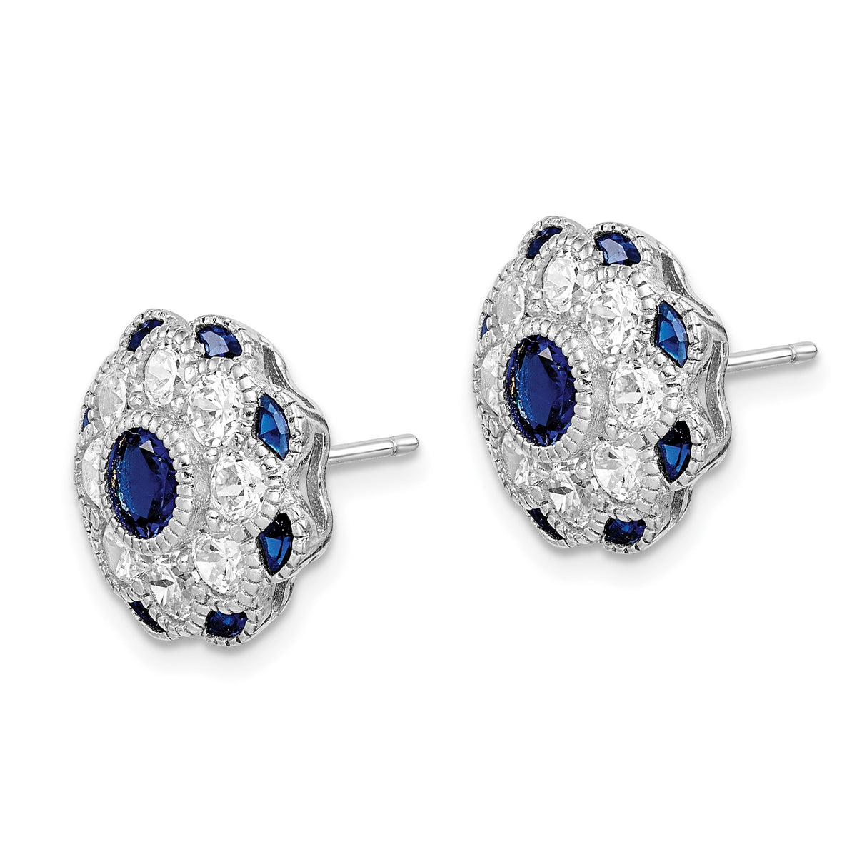Sterling Silver Floral Stud Earrings with Blue Spinel and Cubic Zirconia Halo
