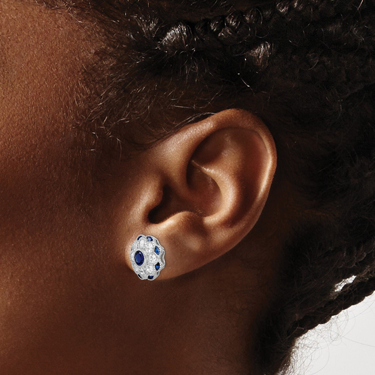 Sterling Silver Floral Stud Earrings with Blue Spinel and Cubic Zirconia Halo