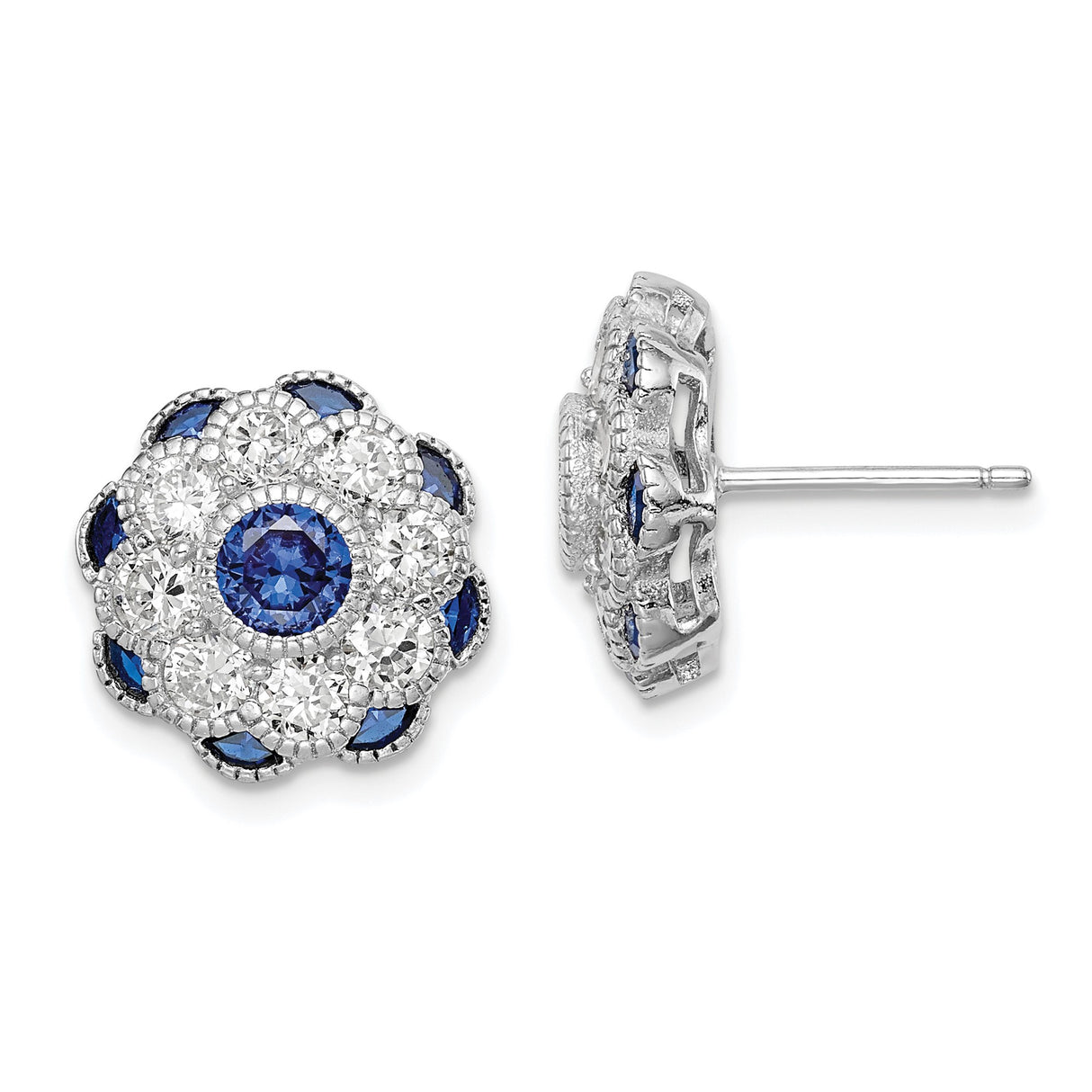Sterling Silver Floral Stud Earrings with Blue Spinel and Cubic Zirconia Halo