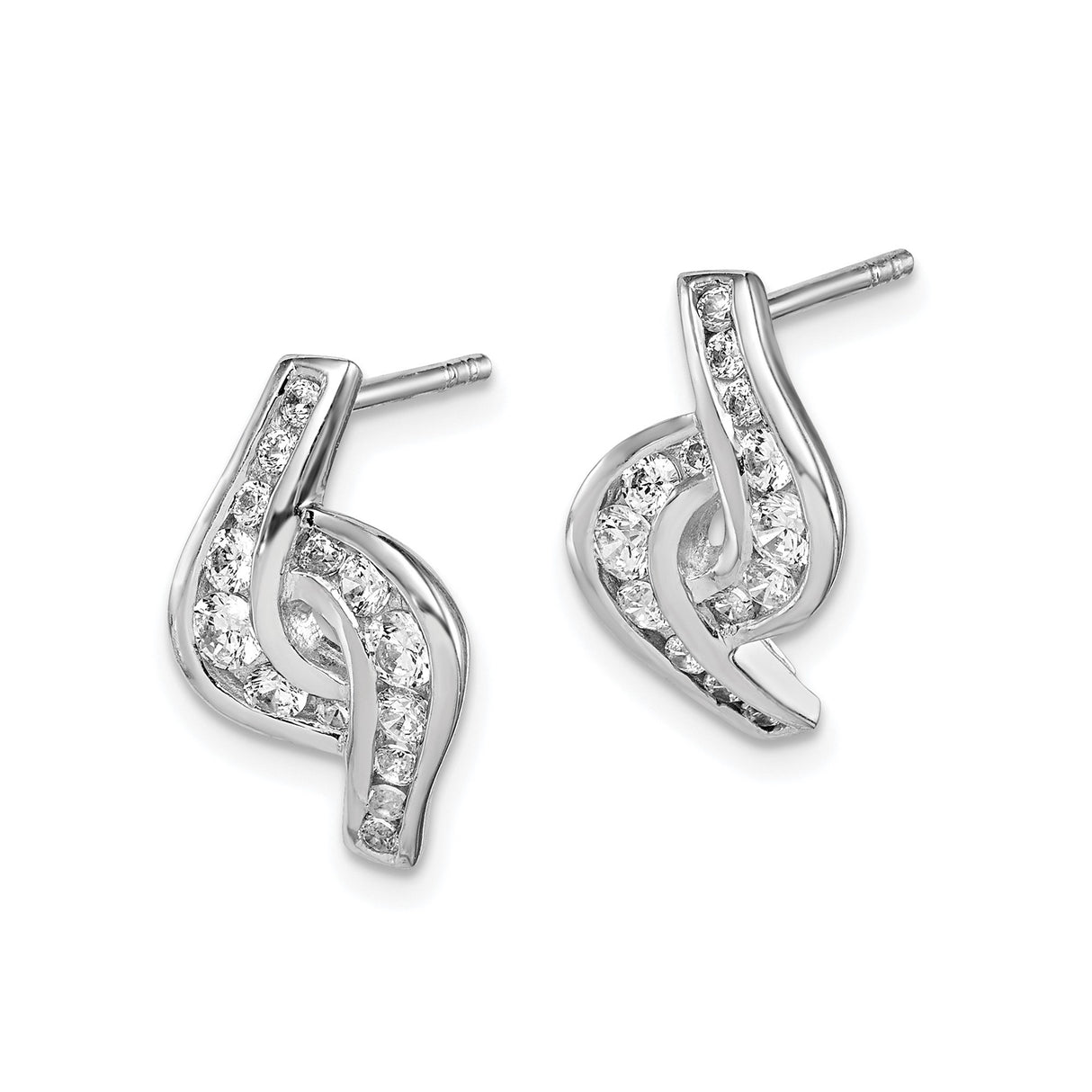 Sterling Silver Stud Earrings with Cubic Zirconia, Twisted Ribbon Abstract Design