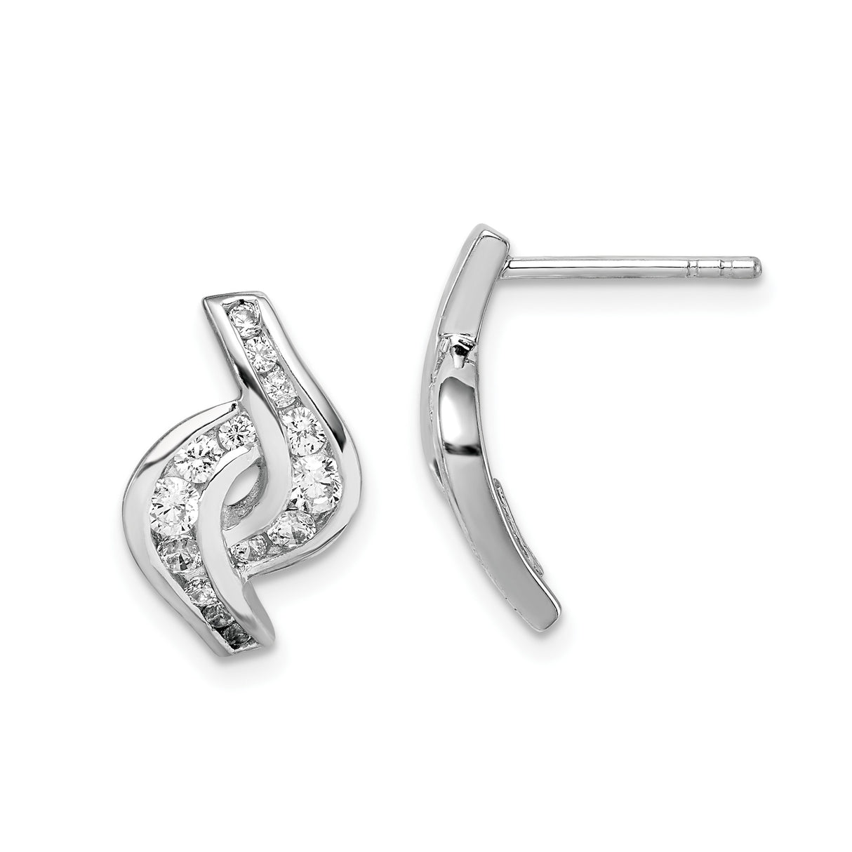Sterling Silver Stud Earrings with Cubic Zirconia, Twisted Ribbon Abstract Design