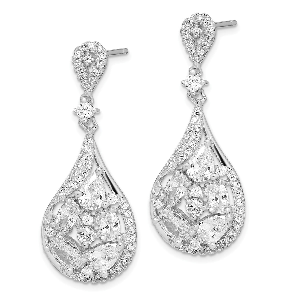 Sterling Silver Dangle Earrings with Cubic Zirconia, Teardrop Openwork Leaf Design for Women