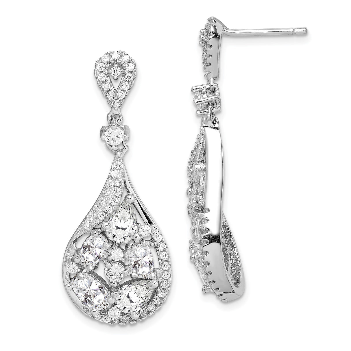 Sterling Silver Dangle Earrings with Cubic Zirconia, Teardrop Openwork Leaf Design for Women