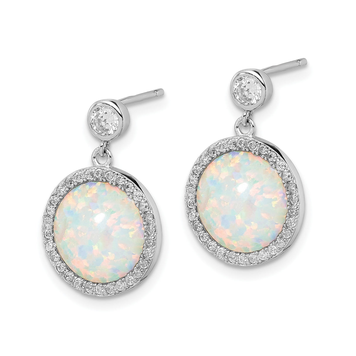 Sterling Silver Dangle Earrings with Created Opal Center and Cubic Zirconia Halo