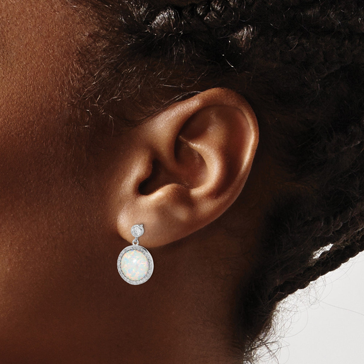 Sterling Silver Dangle Earrings with Created Opal Center and Cubic Zirconia Halo
