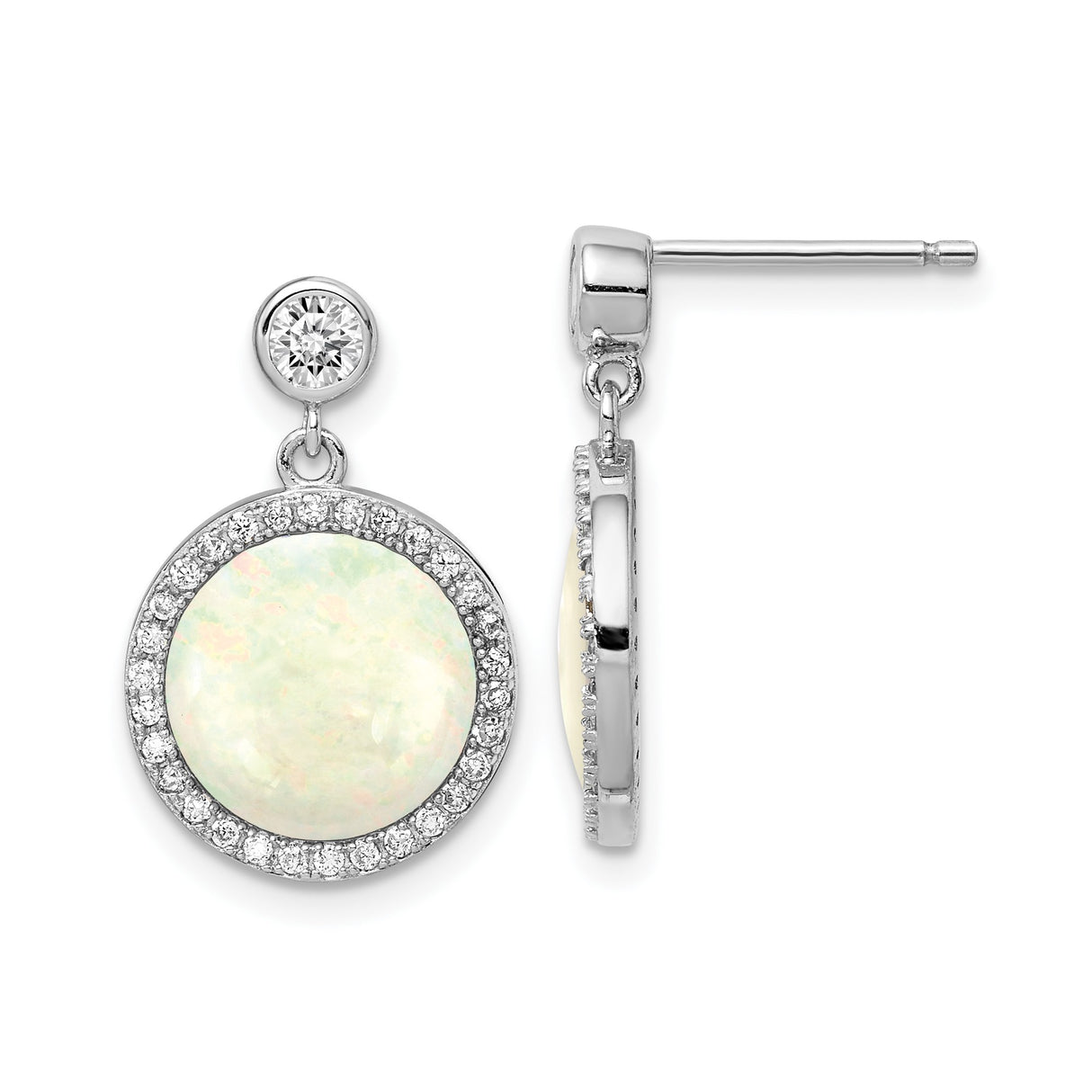 Sterling Silver Dangle Earrings with Created Opal Center and Cubic Zirconia Halo