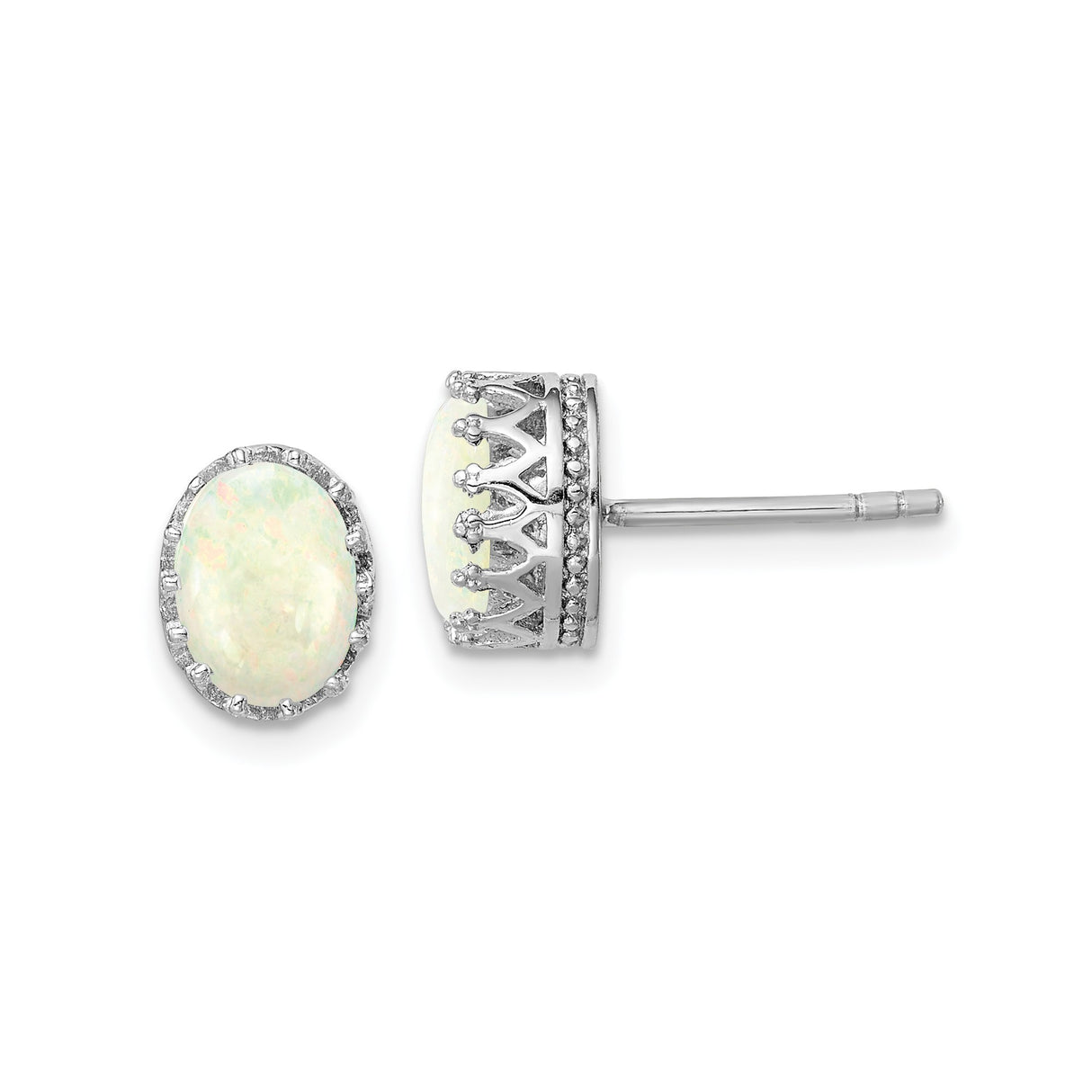 Sterling Silver Opal Stud Earrings, Oval Crown Bezel Setting, Womens Fine Jewelry