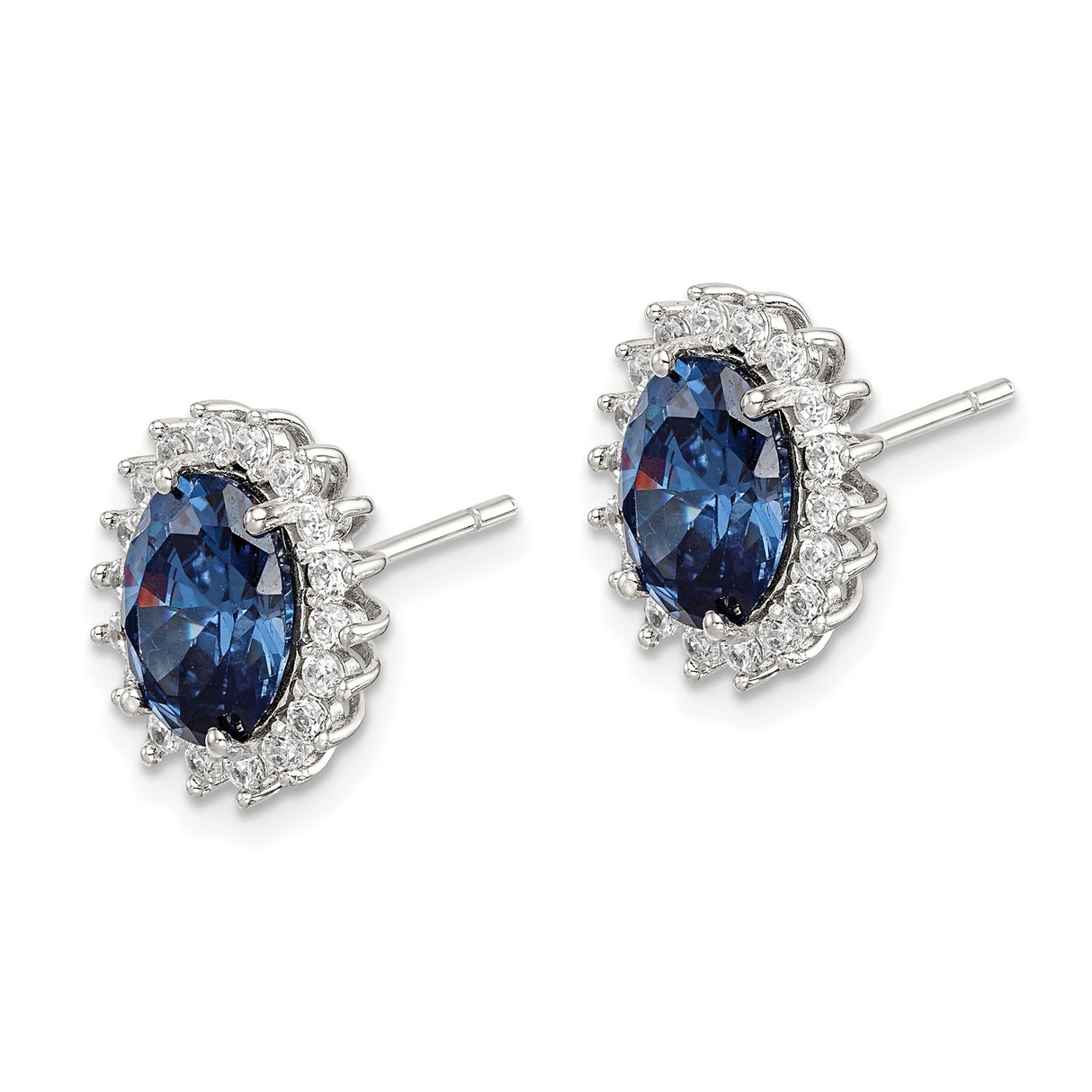 Sterling Silver Stud Earrings with Oval Blue Gemstone and Cubic Zirconia Halo