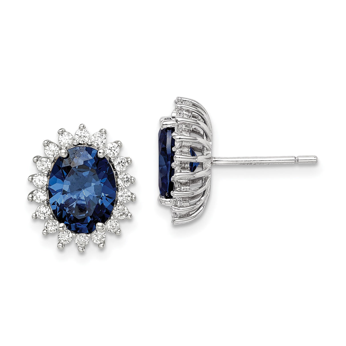 Sterling Silver Stud Earrings with Oval Blue Gemstone and Cubic Zirconia Halo