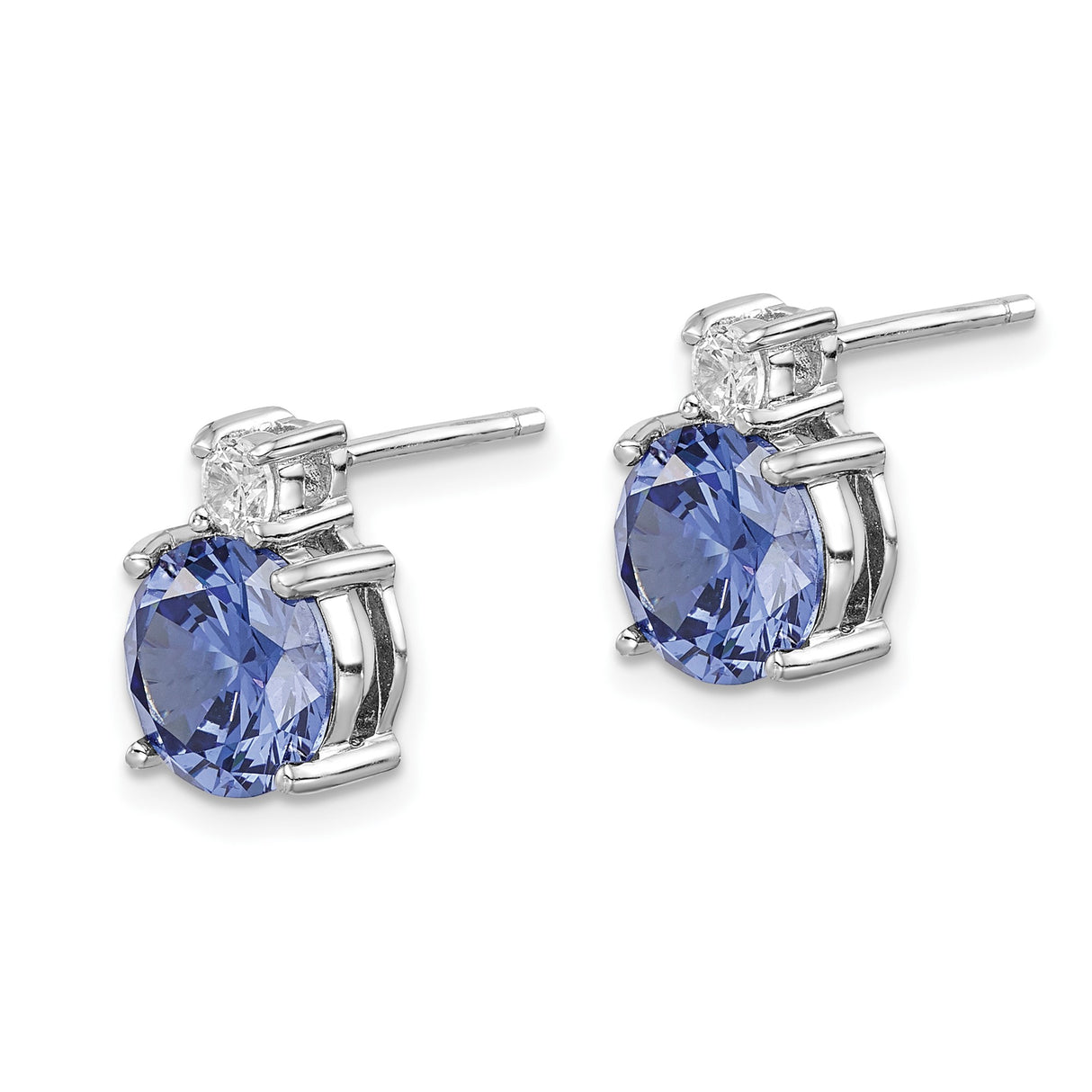 Sterling Silver Stud Earrings with Round Cut Blue Gemstone and Cubic Zirconia Accent