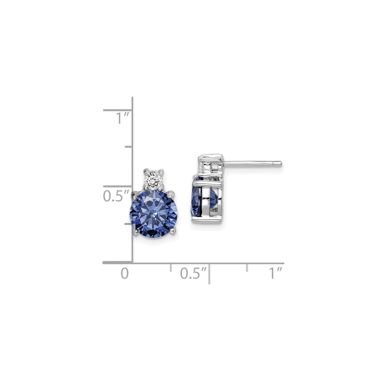 Sterling Silver Stud Earrings with Round Cut Blue Gemstone and Cubic Zirconia Accent