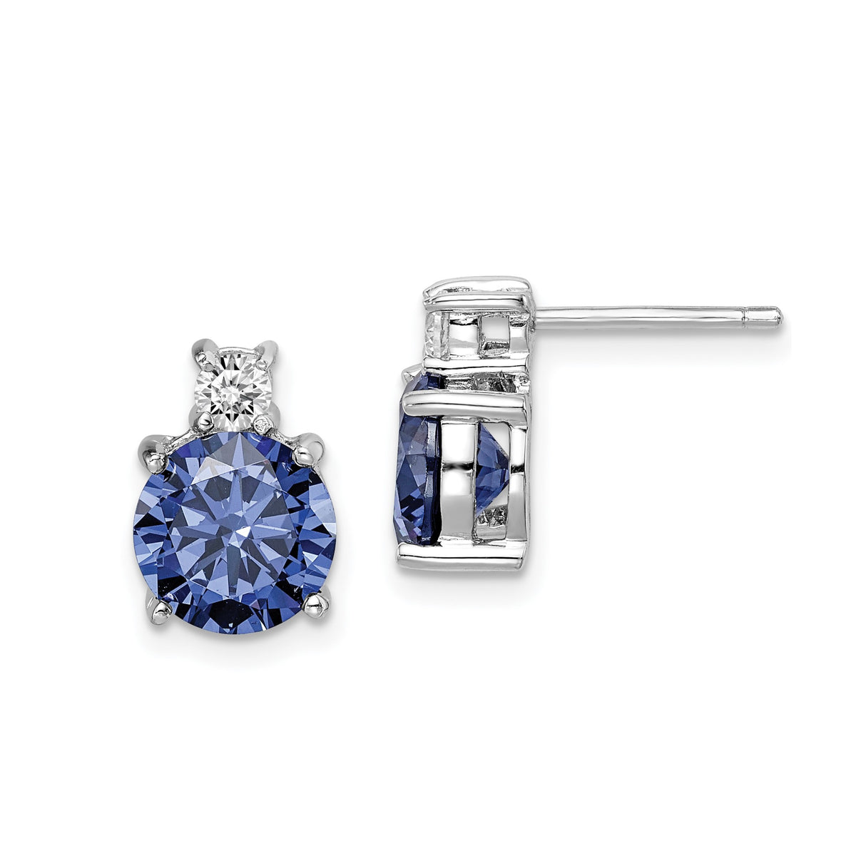 Sterling Silver Stud Earrings with Round Cut Blue Gemstone and Cubic Zirconia Accent