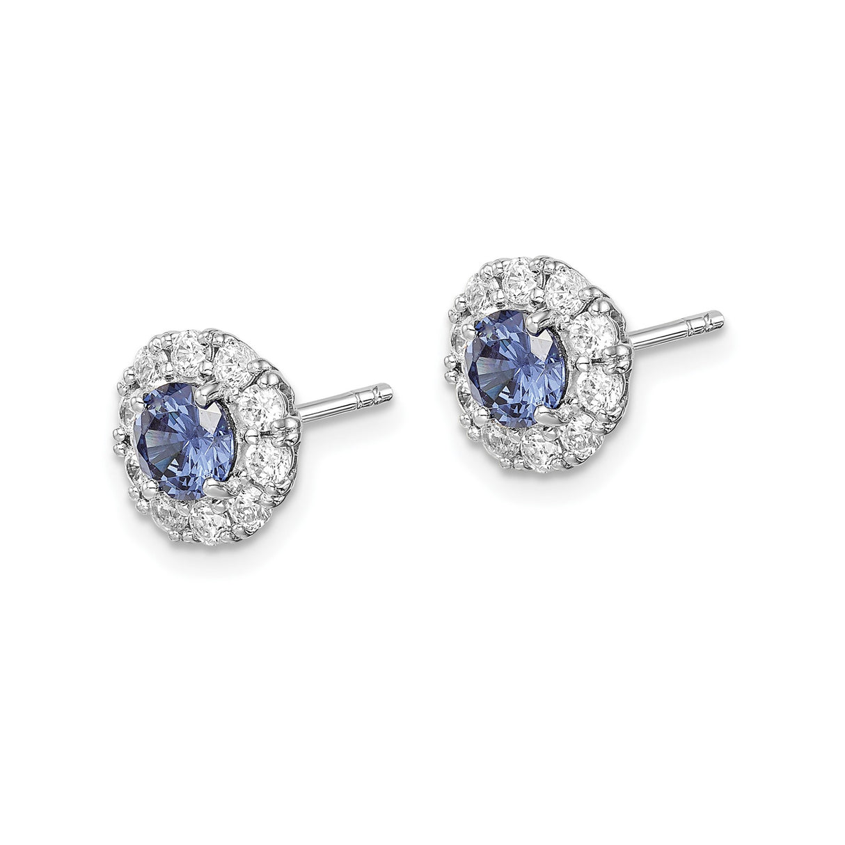 Sterling Silver Stud Earrings with Round Blue Cubic Zirconia and Halo Floral Setting