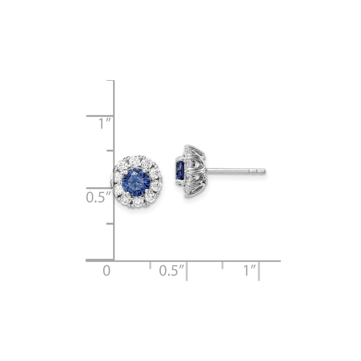 Sterling Silver Stud Earrings with Round Blue Cubic Zirconia and Halo Floral Setting