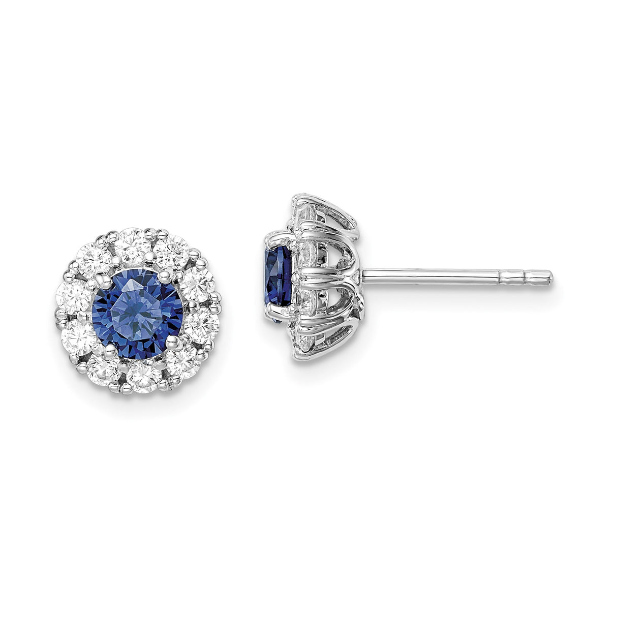Sterling Silver Stud Earrings with Round Blue Cubic Zirconia and Halo Floral Setting