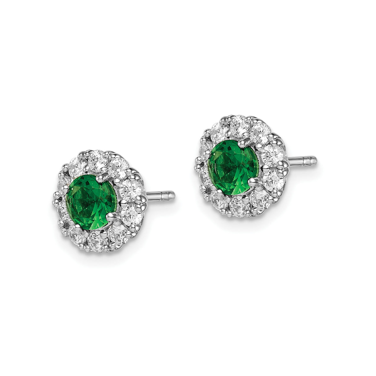 Sterling Silver Stud Earrings with Green Cubic Zirconia and Halo Floral Design for Women