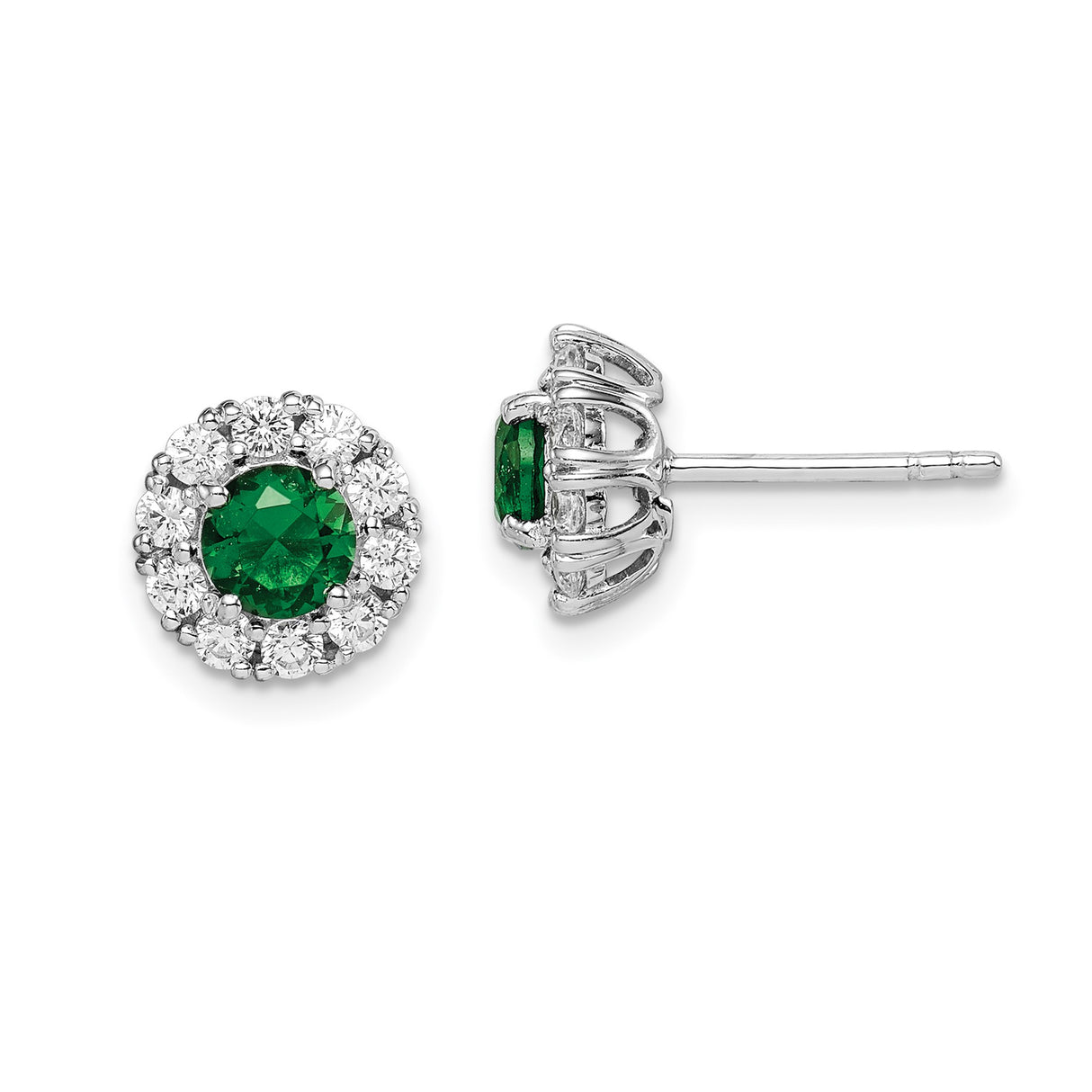 Sterling Silver Stud Earrings with Green Cubic Zirconia and Halo Floral Design for Women