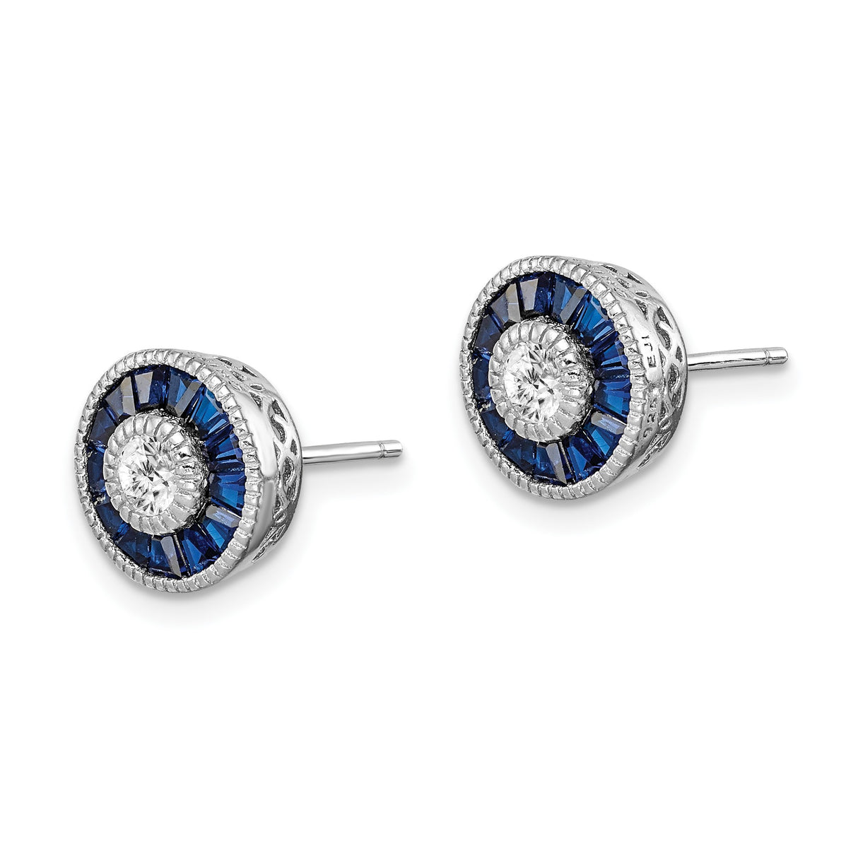 Sterling Silver Stud Earrings with Cubic Zirconia and Blue Spinel, Eye Motif and Filigree Detail