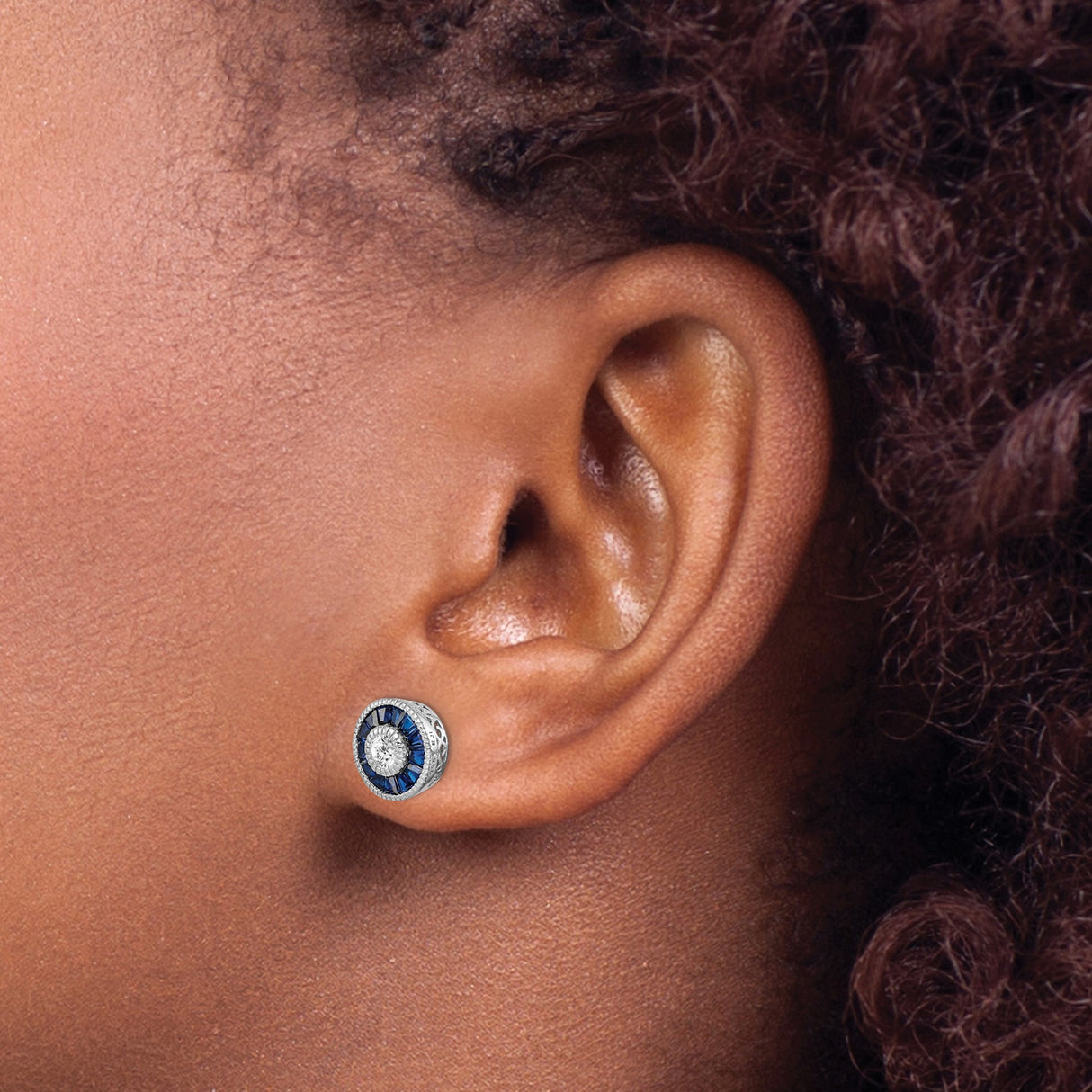 Sterling Silver Stud Earrings with Cubic Zirconia and Blue Spinel, Eye Motif and Filigree Detail