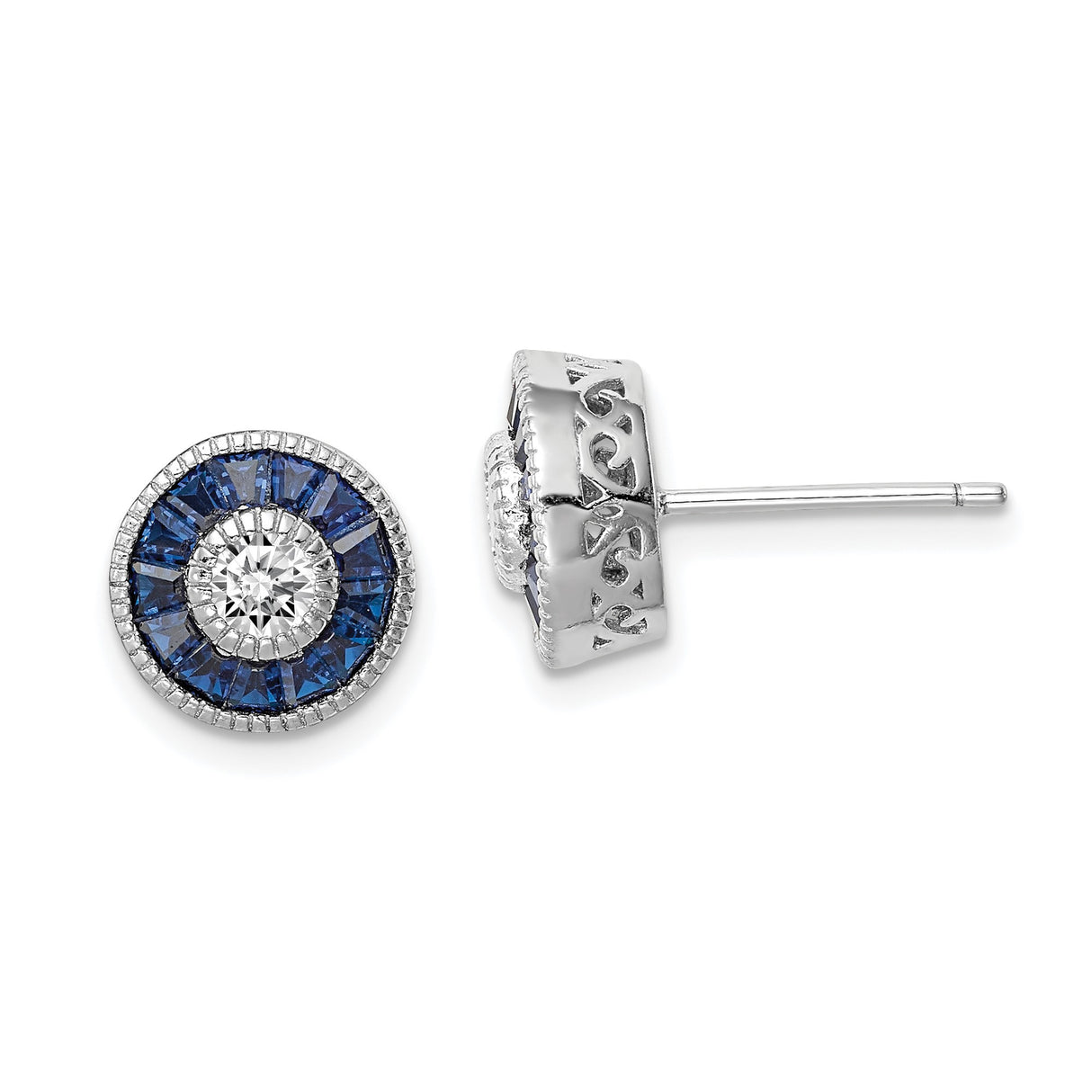 Sterling Silver Stud Earrings with Cubic Zirconia and Blue Spinel, Eye Motif and Filigree Detail