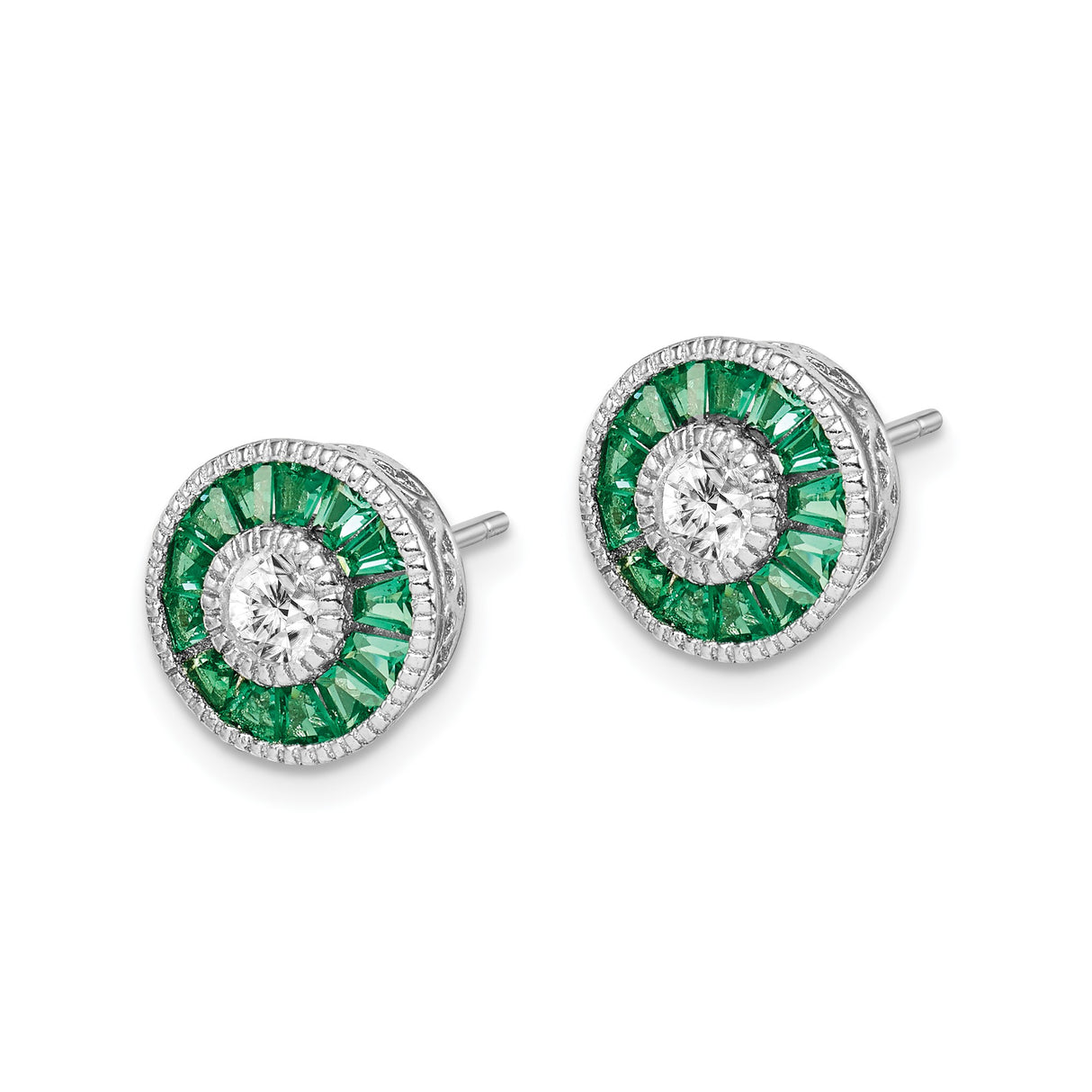 Sterling Silver Halo Stud Earrings with Cubic Zirconia and Green Spinel, Vintage Filigree Design