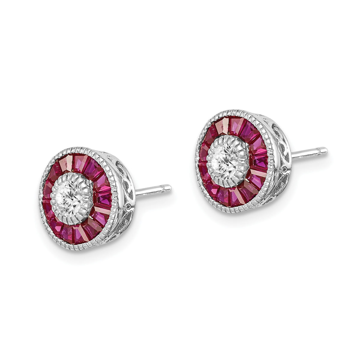 Sterling Silver Stud Earrings with Created Ruby and Cubic Zirconia, Vintage Halo Design