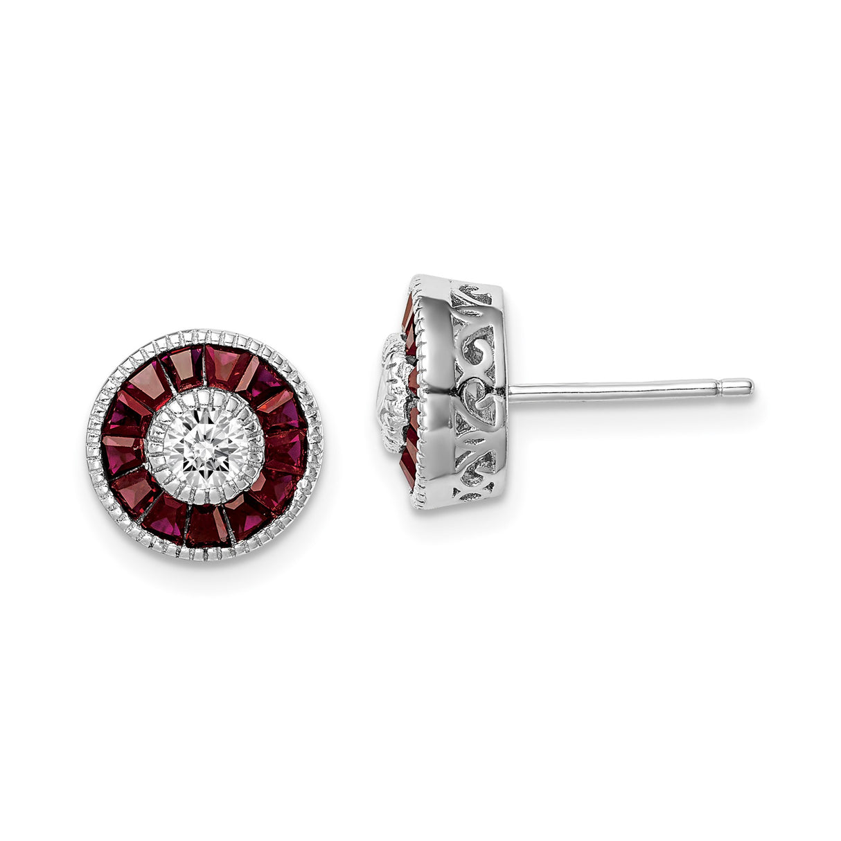 Sterling Silver Stud Earrings with Created Ruby and Cubic Zirconia, Vintage Halo Design