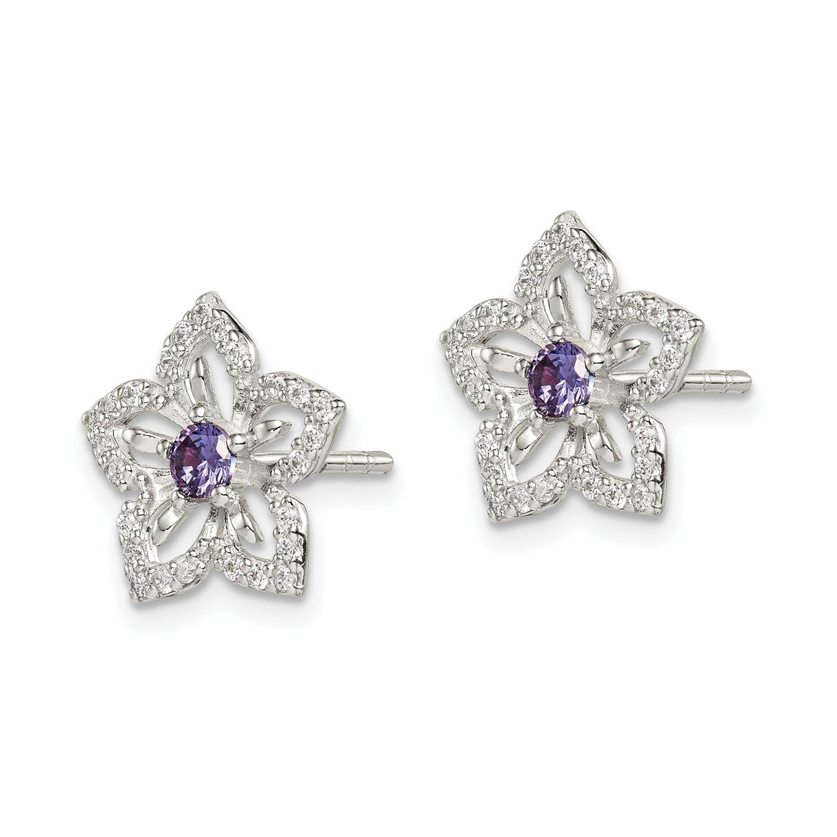 Sterling Silver Flower Stud Earrings with Purple Gemstone and Cubic Zirconia Accents