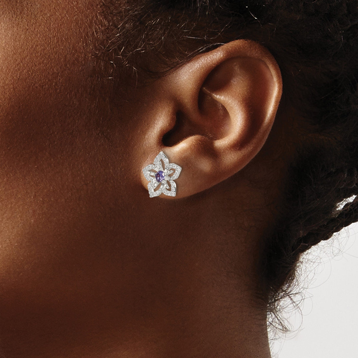 Sterling Silver Flower Stud Earrings with Purple Gemstone and Cubic Zirconia Accents