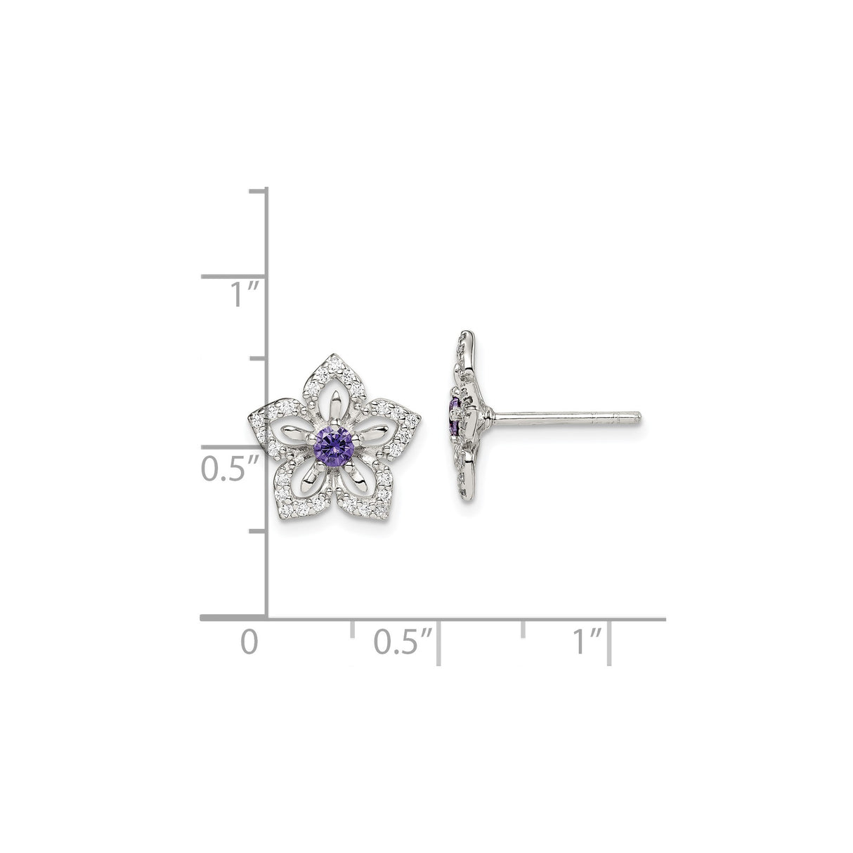 Sterling Silver Flower Stud Earrings with Purple Gemstone and Cubic Zirconia Accents