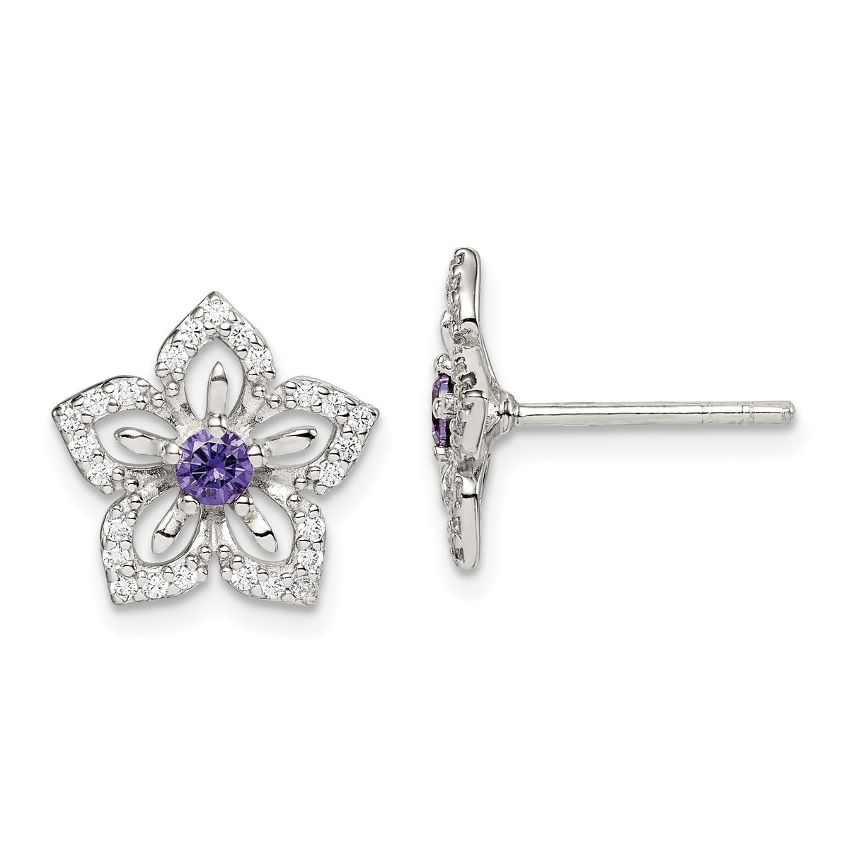Sterling Silver Flower Stud Earrings with Purple Gemstone and Cubic Zirconia Accents
