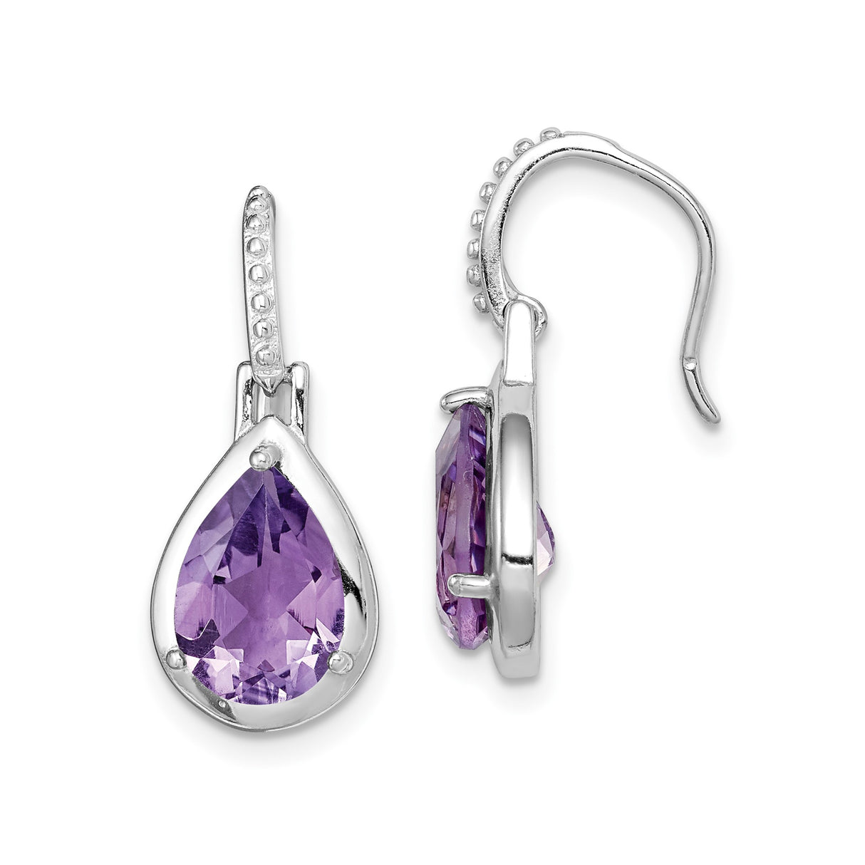 Sterling Silver Drop Earrings with Pear Shaped Amethyst and Delicate Hook Design