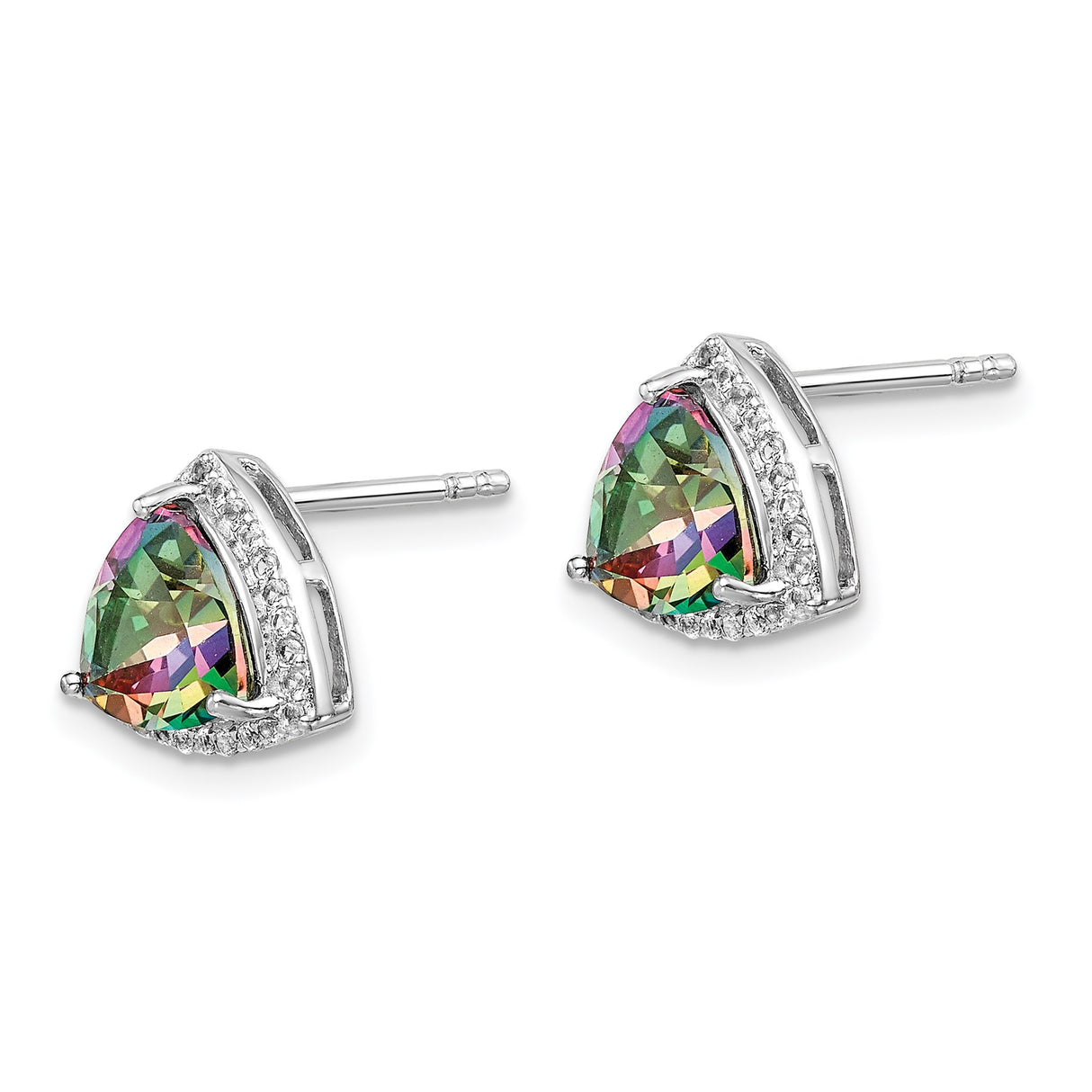 Sterling Silver Stud Earrings with Trillion Cut Mystic Fire Topaz and Cubic Zirconia Halo