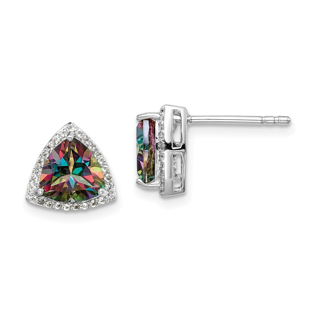 Sterling Silver Stud Earrings with Trillion Cut Mystic Fire Topaz and Cubic Zirconia Halo