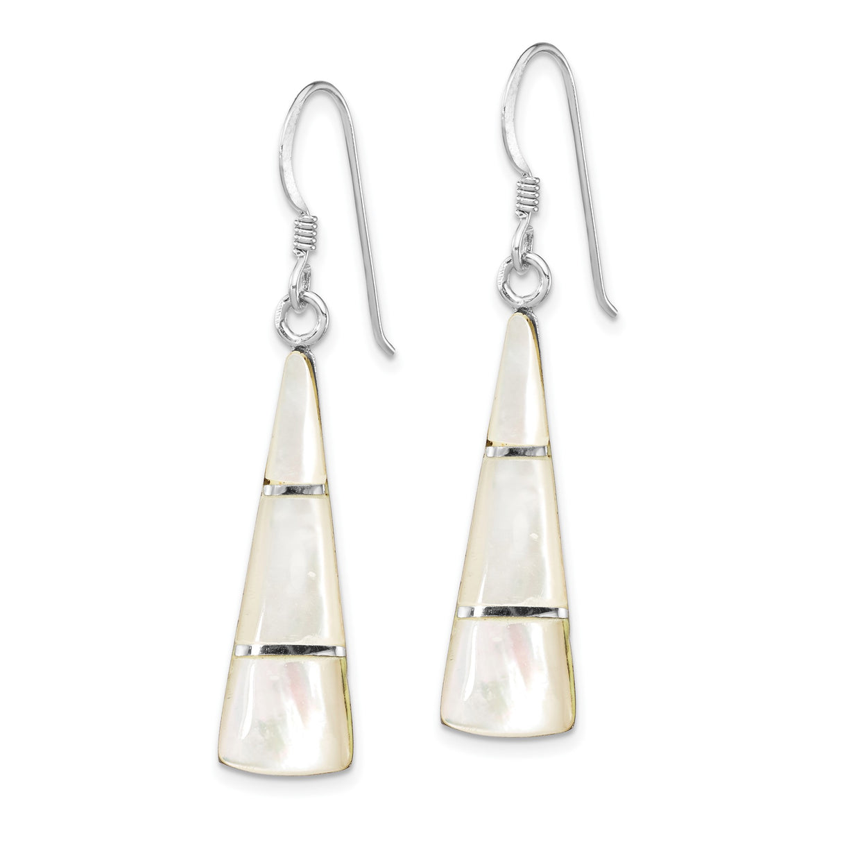 Sterling Silver Dangle Earrings with Inlaid Mother of Pearl, Geometric Trapezoid Design