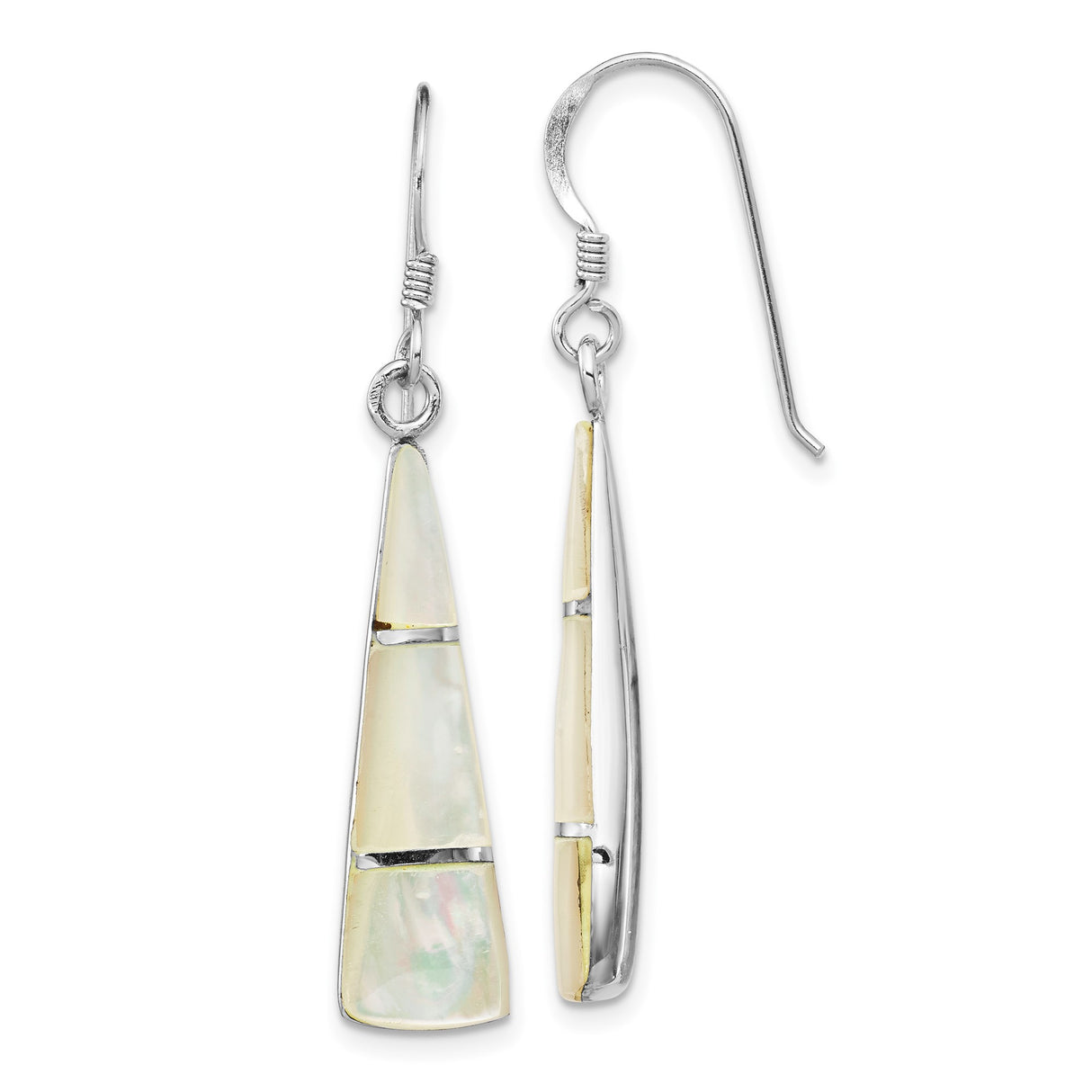 Sterling Silver Dangle Earrings with Inlaid Mother of Pearl, Geometric Trapezoid Design