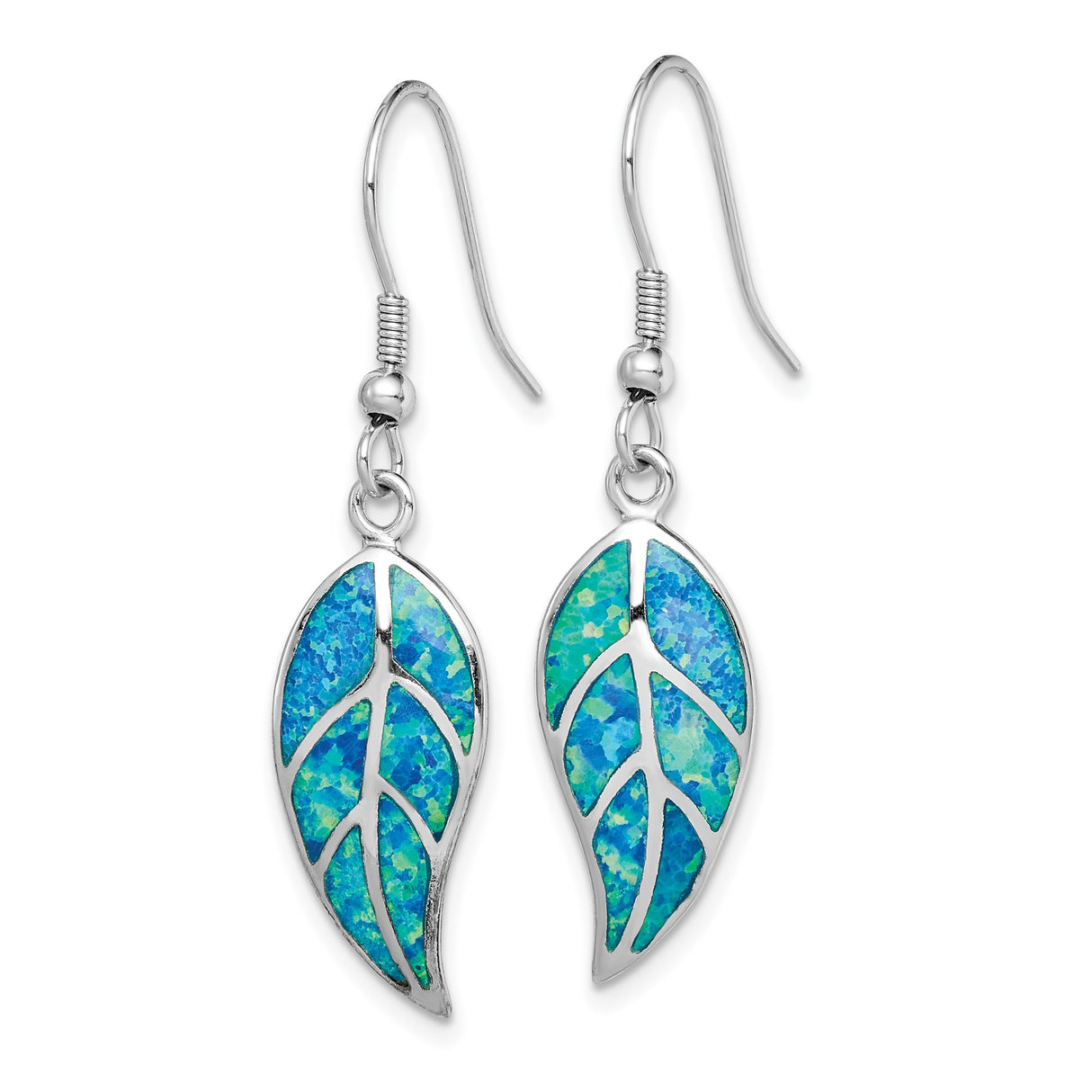 Sterling Silver Leaf Dangle Earrings with Created Opal, Nature Inspired Boho Jewelry for Women
