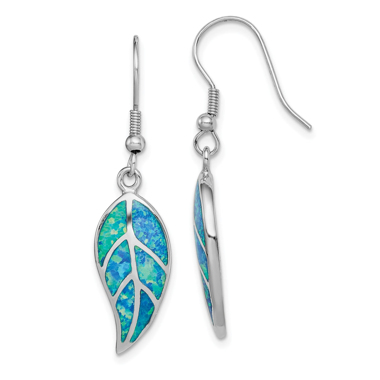 Sterling Silver Leaf Dangle Earrings with Created Opal, Nature Inspired Boho Jewelry for Women